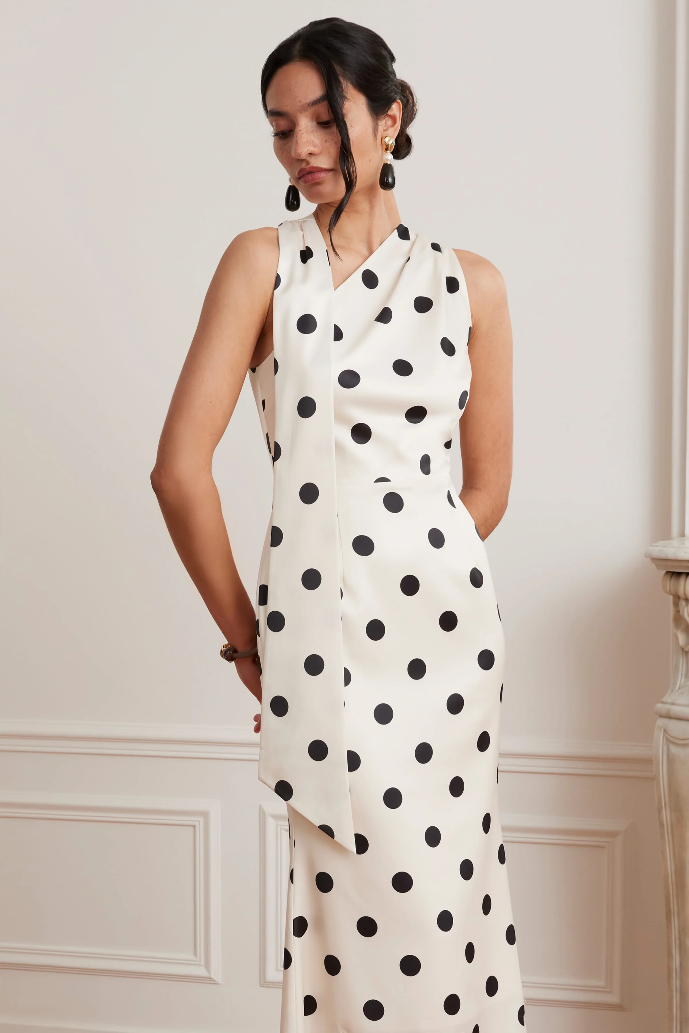 JULIANA Satin Scarf Neck Maxi Dress With Lace Insert In Polka Dot Print - Image 5