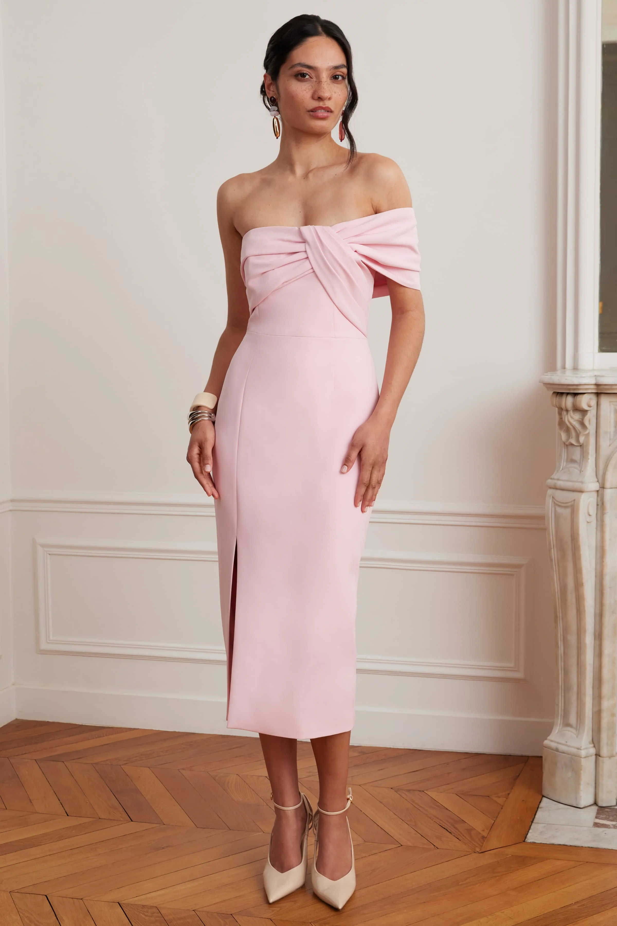 KARINA Off Shoulder Midi Dress In Pink - Image 3