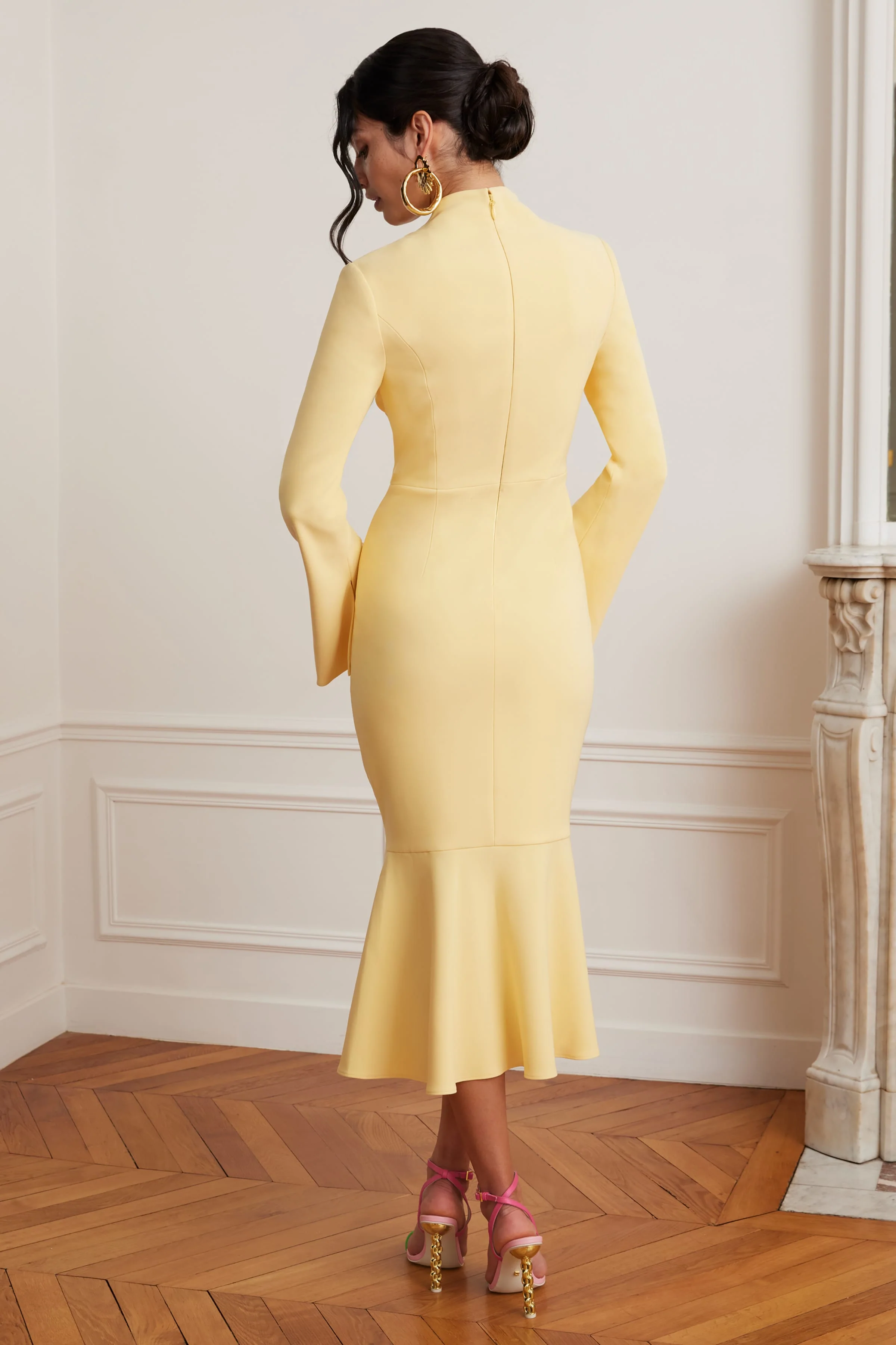 KIMORA Cross Over High Neck Fluted Midi Dress In Yellow - Image 3