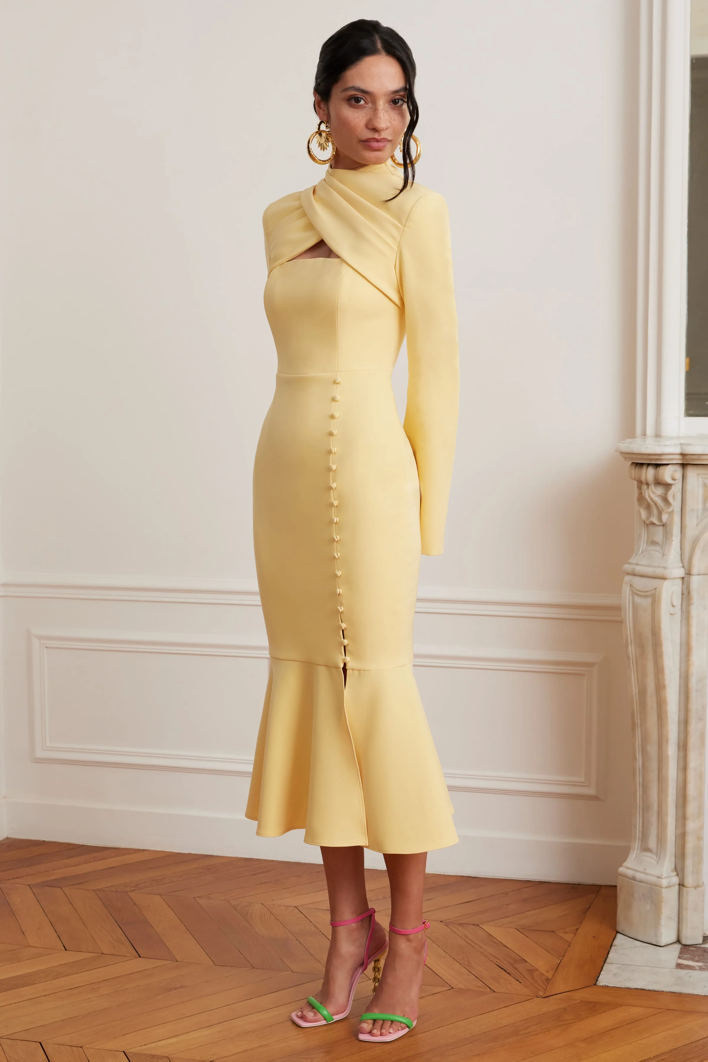 KIMORA Cross Over High Neck Fluted Midi Dress In Yellow - Image 4