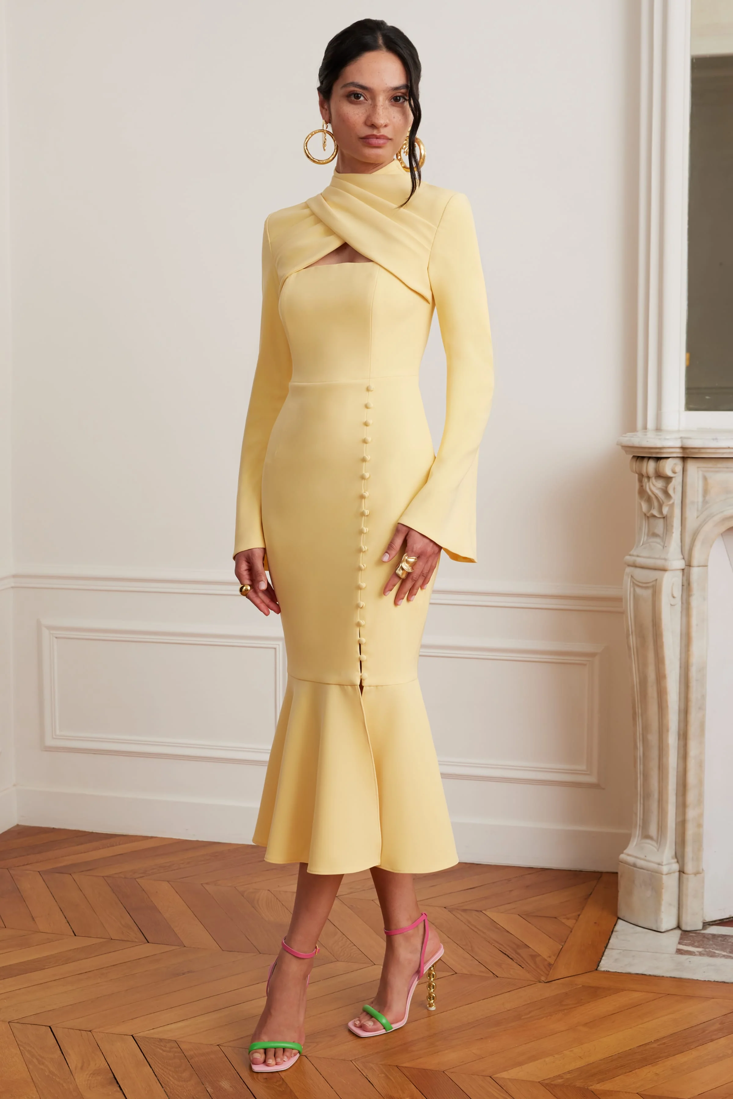 KIMORA Cross Over High Neck Fluted Midi Dress In Yellow - Image 6