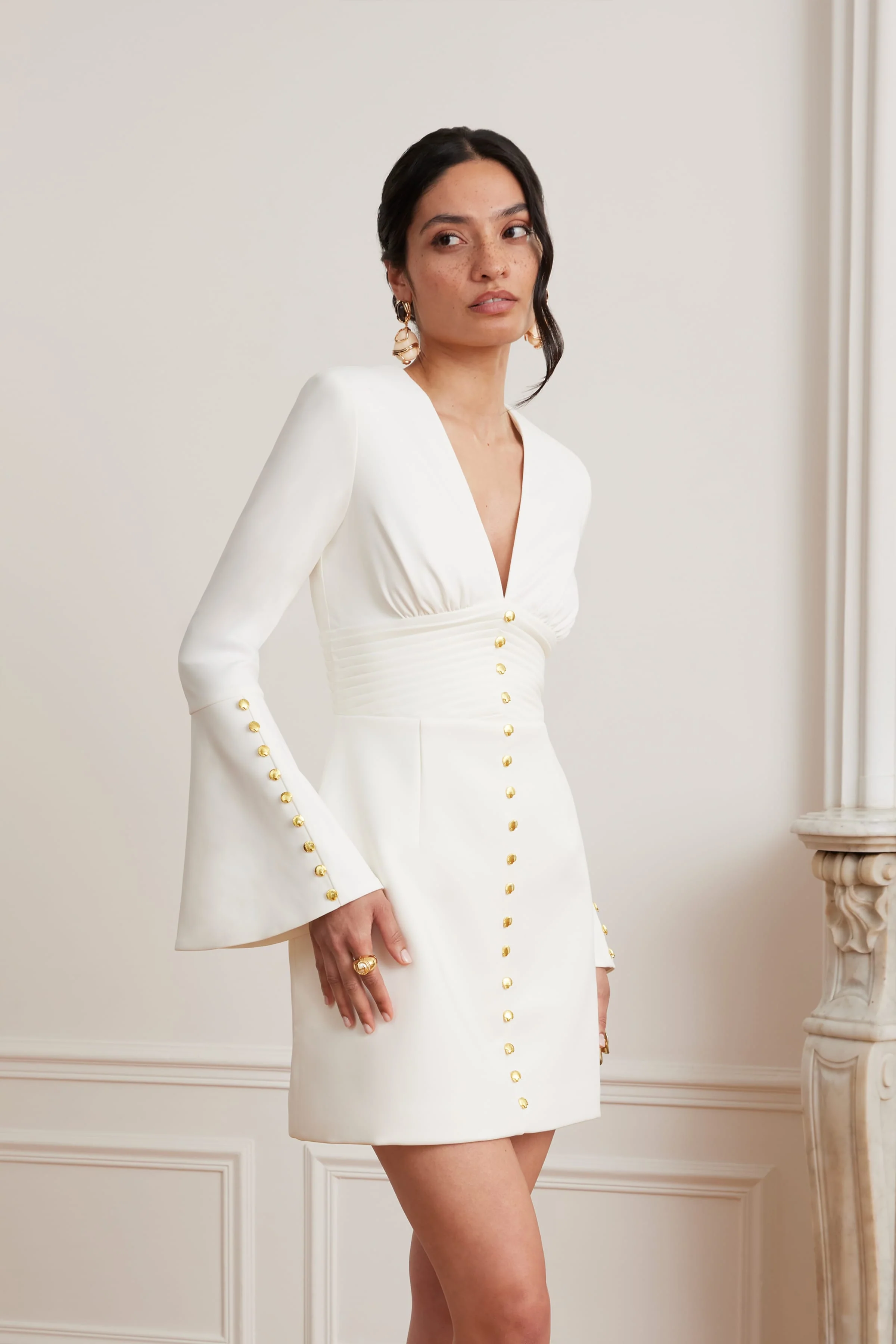 LARA Fluted Sleeve Micro Shell Button Mini Dress in White - Image 5