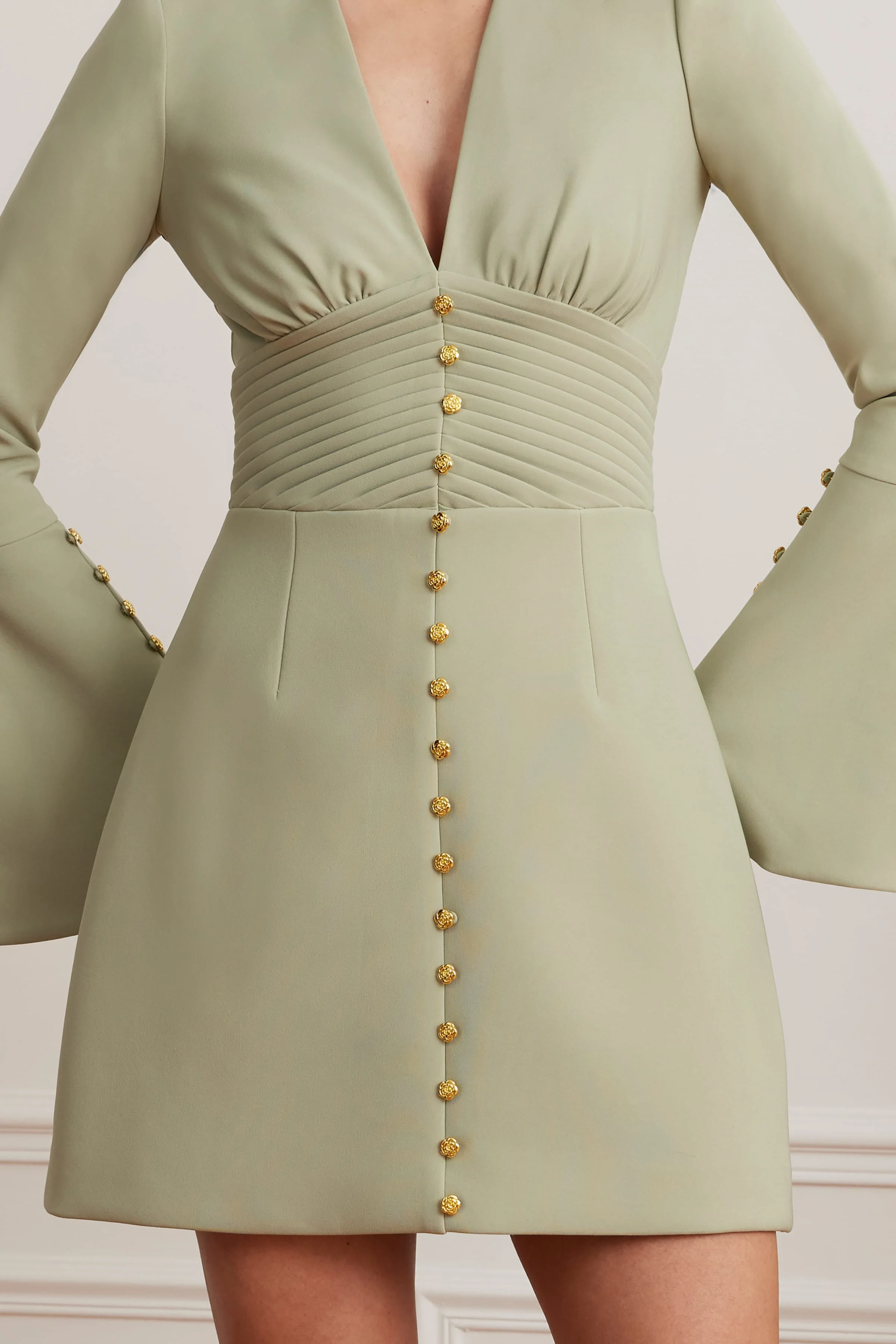 LARA Fluted Sleeve Rose Button Mini Tulip Dress In Sage Green - Image 2