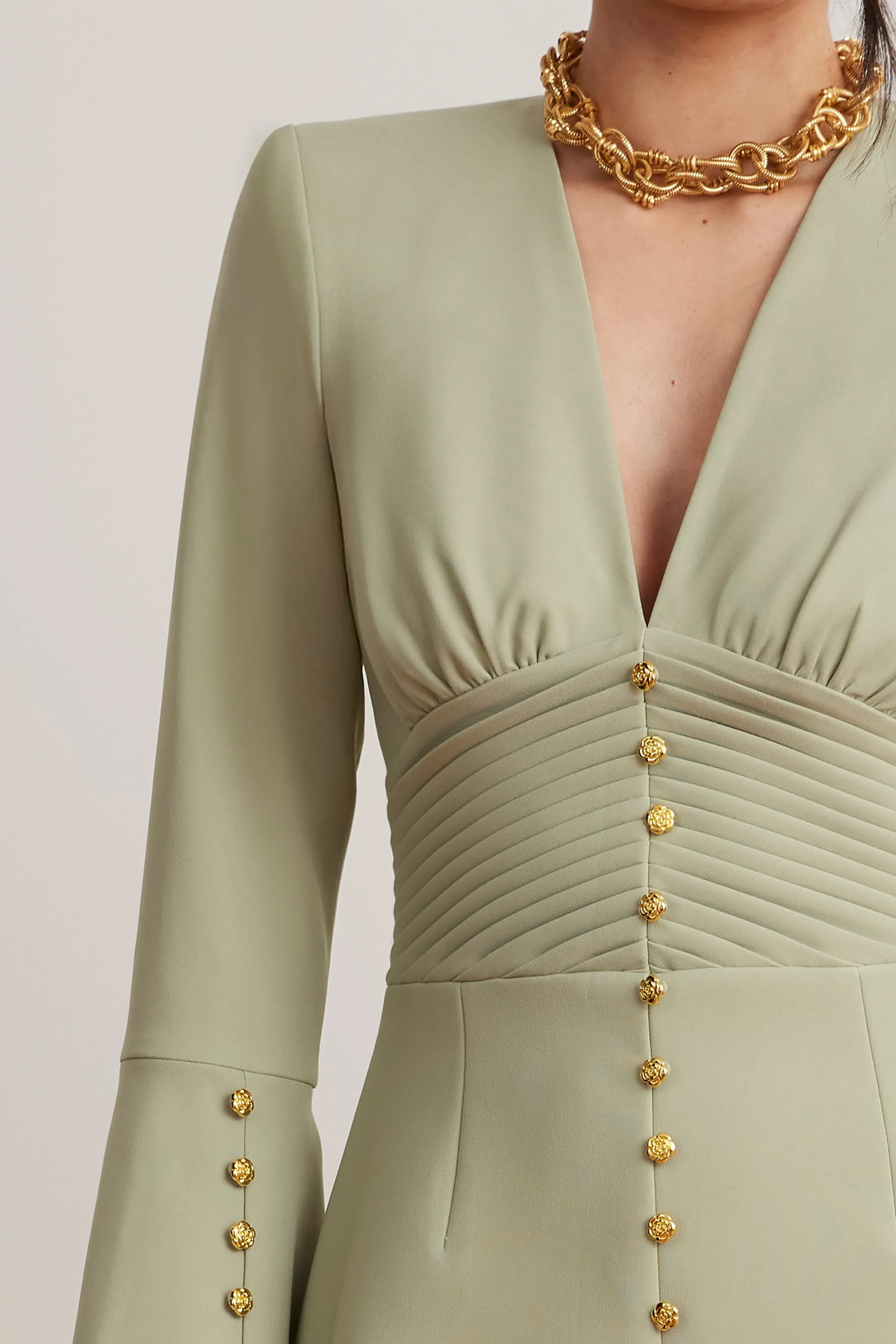 LARA Fluted Sleeve Rose Button Mini Tulip Dress In Sage Green - Image 4