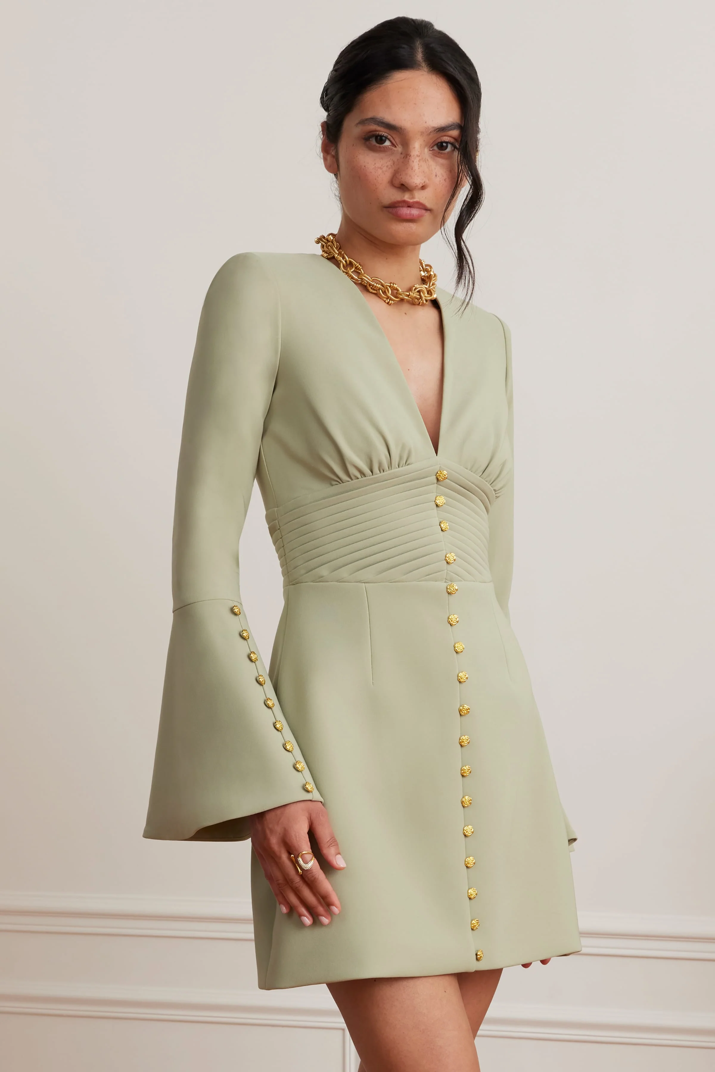 LARA Fluted Sleeve Rose Button Mini Tulip Dress In Sage Green - Image 7