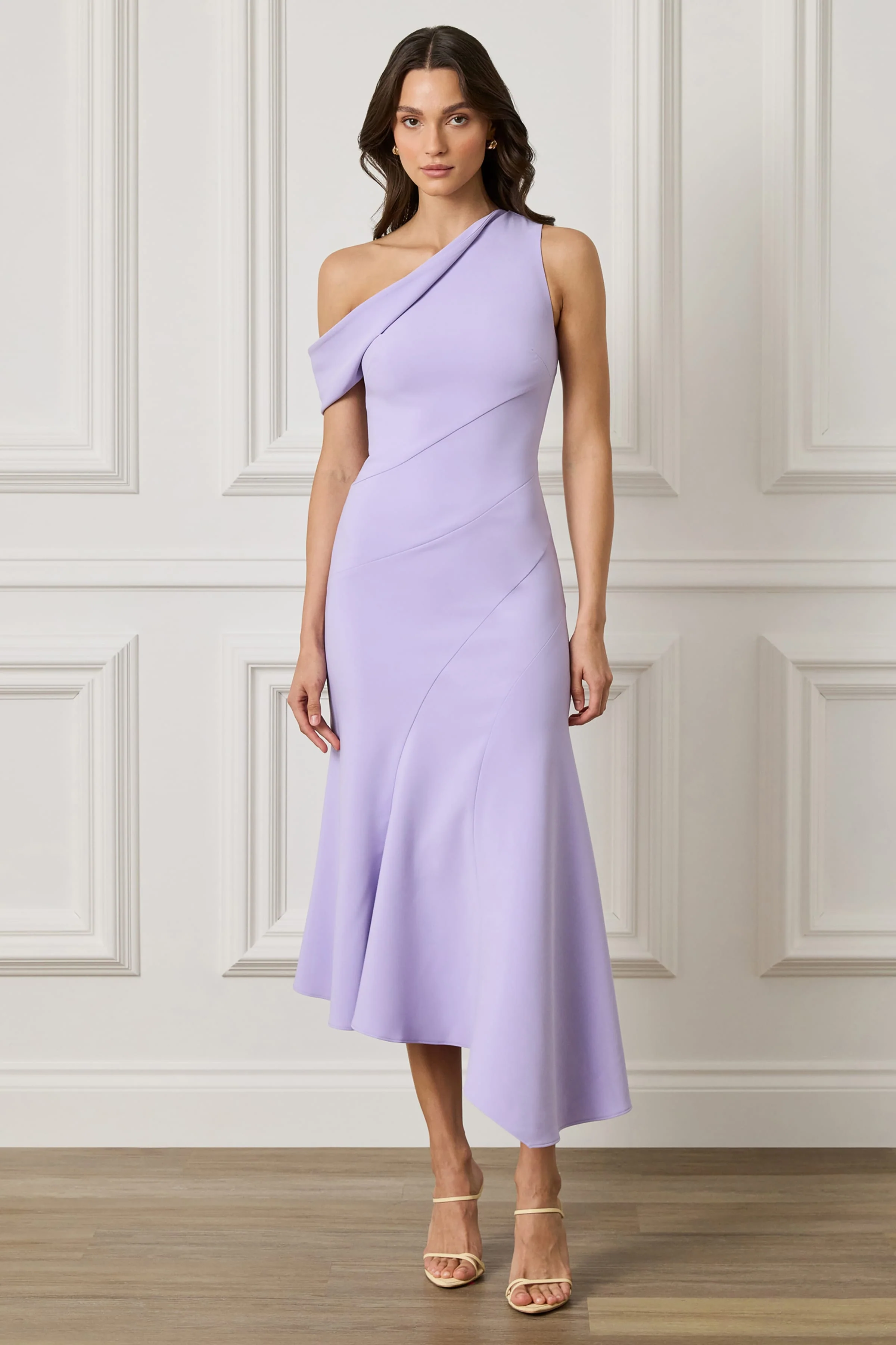 LEANNA One Shoulder Asymmetric Draped Hem Midi Dress In Lilac