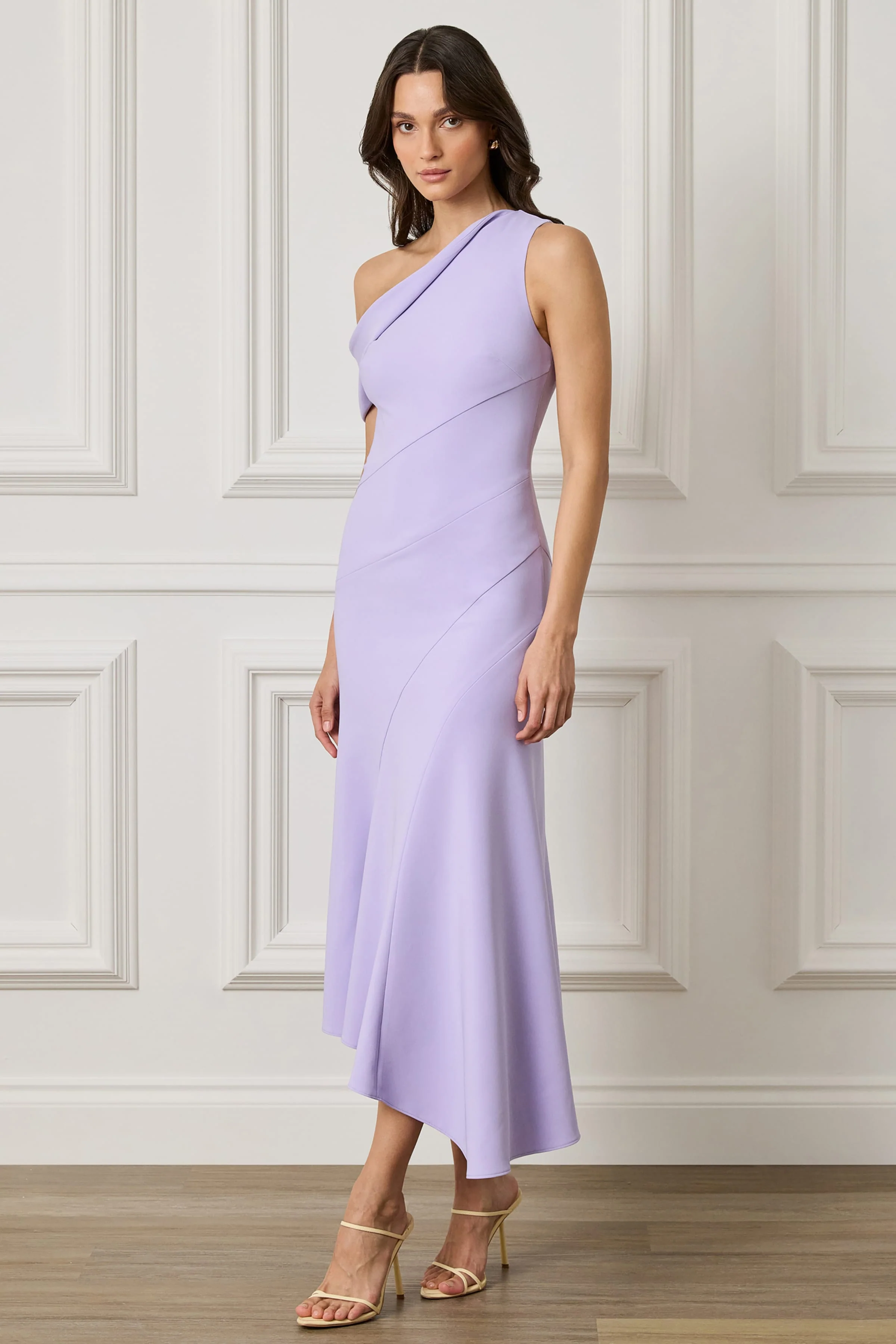 LEANNA One Shoulder Asymmetric Draped Hem Midi Dress In Lilac - Image 5