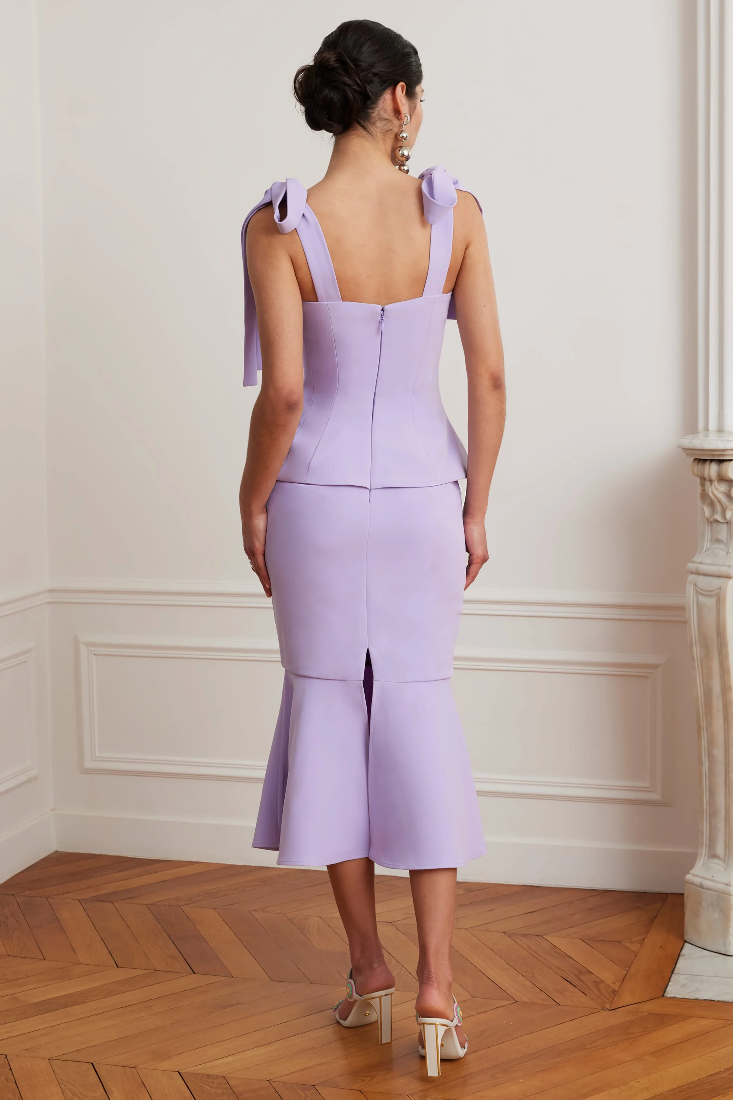 LEONA Tie Shoulder Peplum Fishtail Midi Dress In Lilac - Image 3