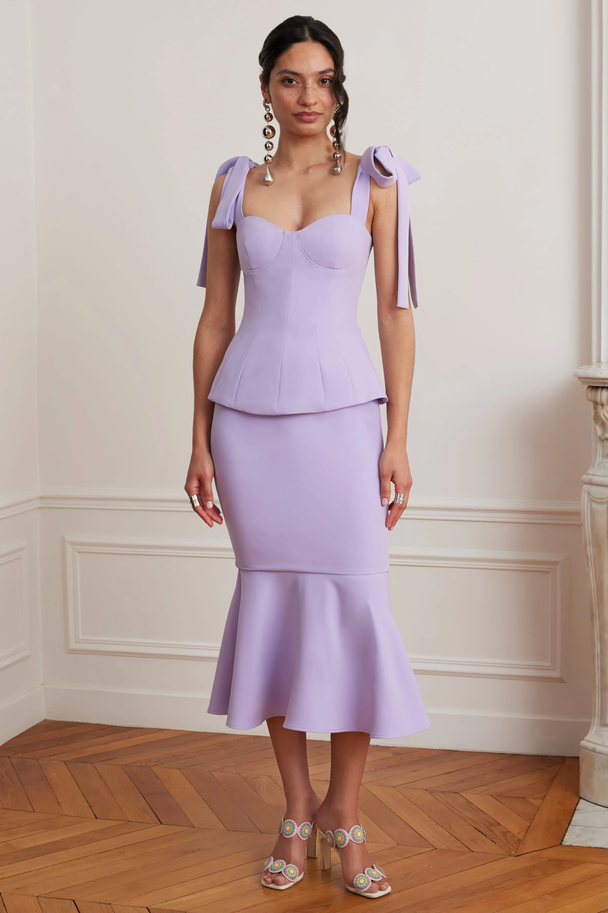 LEONA Tie Shoulder Peplum Fishtail Midi Dress In Lilac - Image 4