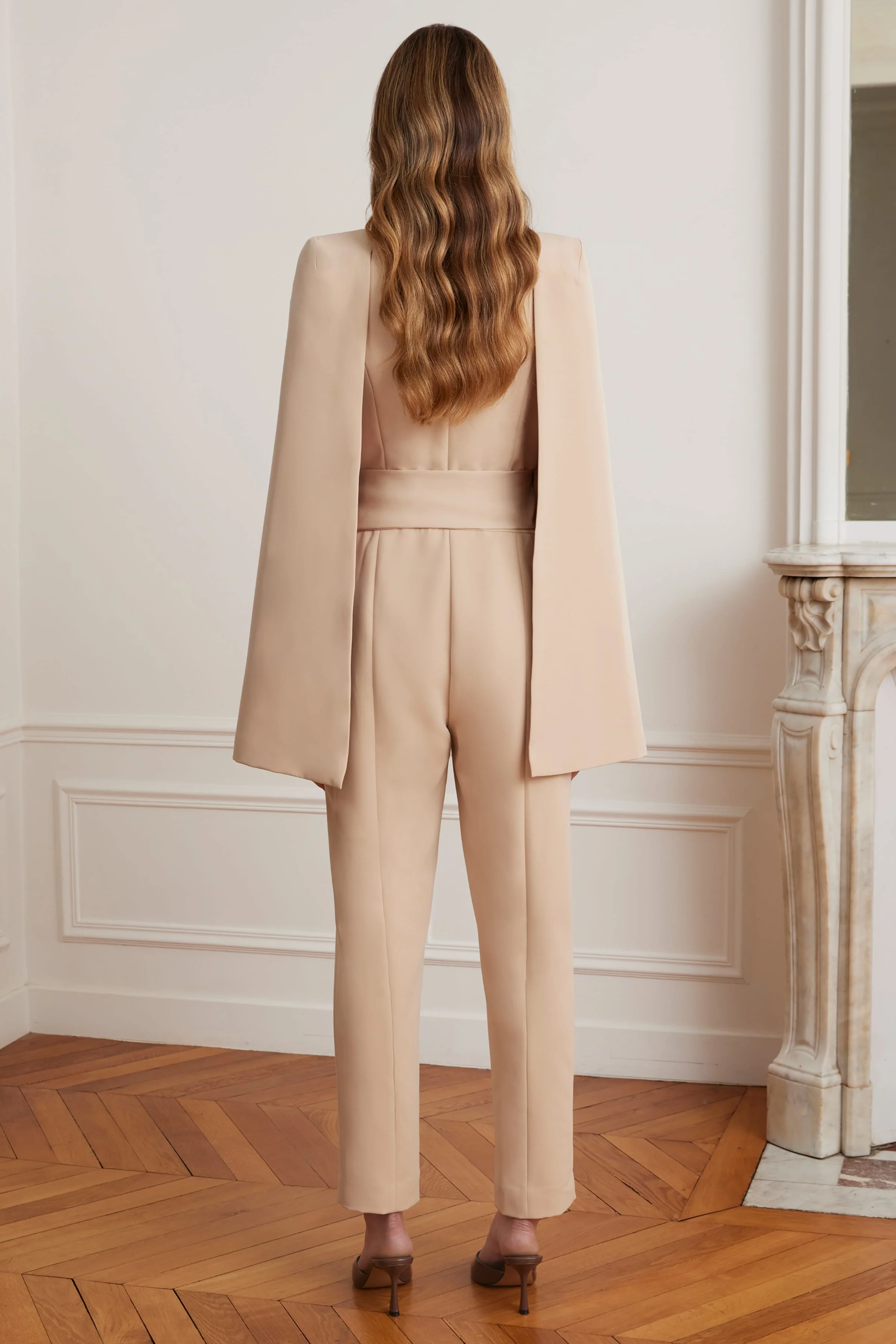 LILIA Cape Sleeve Self Wrap Tailored Jumpsuit In Sand - Image 3