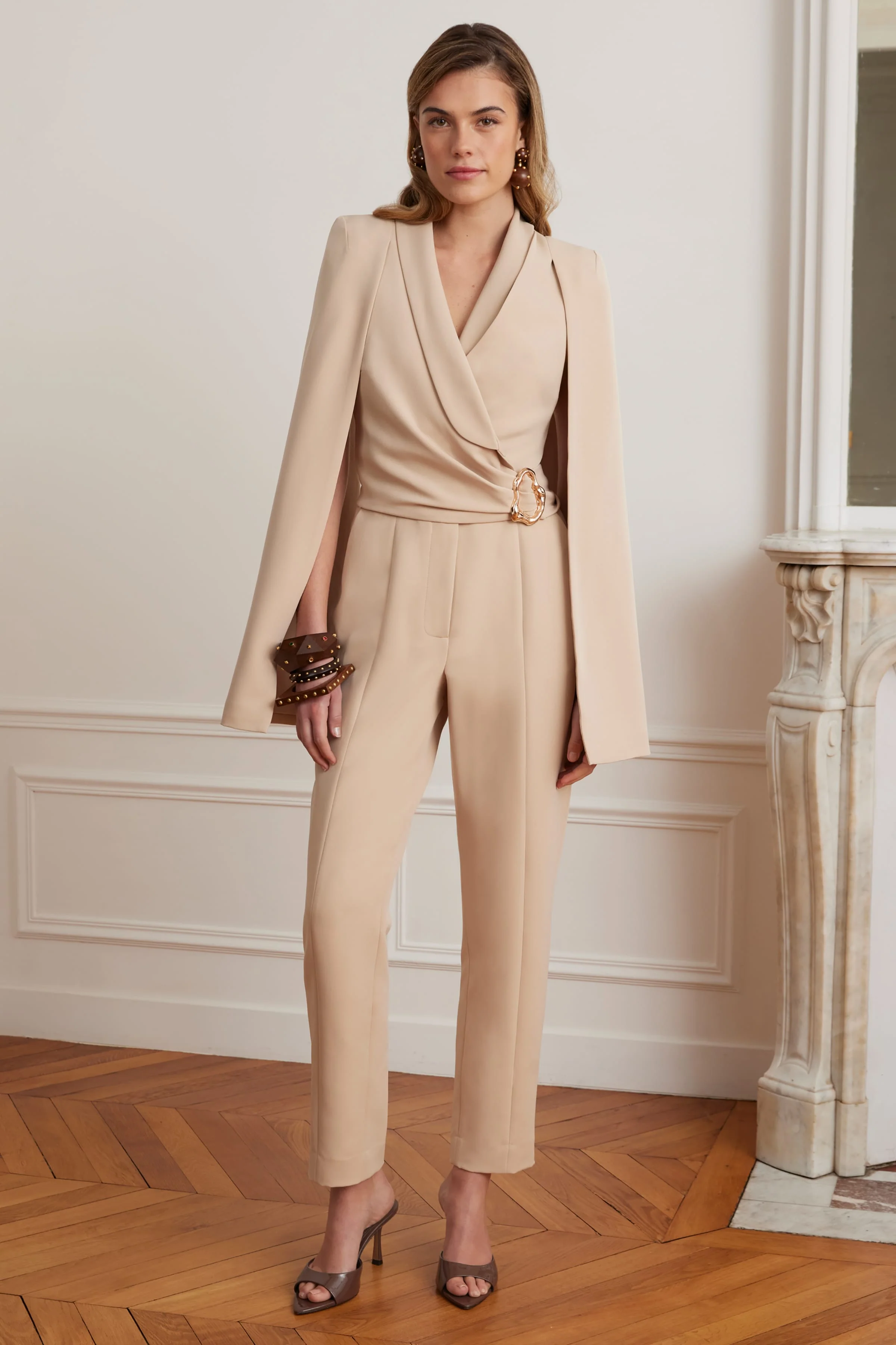 LILIA Cape Sleeve Self Wrap Tailored Jumpsuit In Sand - Image 5