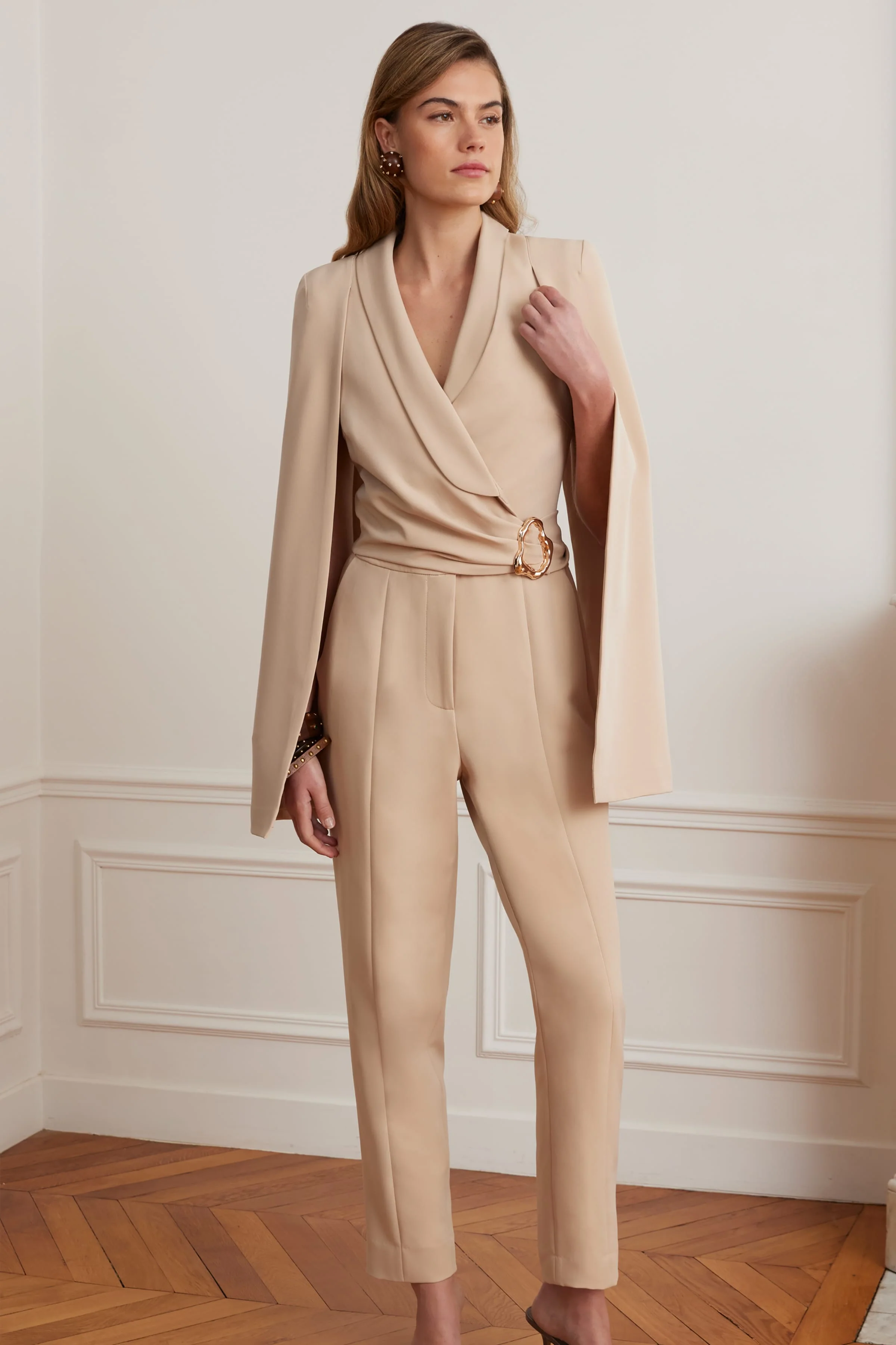 LILIA Cape Sleeve Self Wrap Tailored Jumpsuit In Sand - Image 6