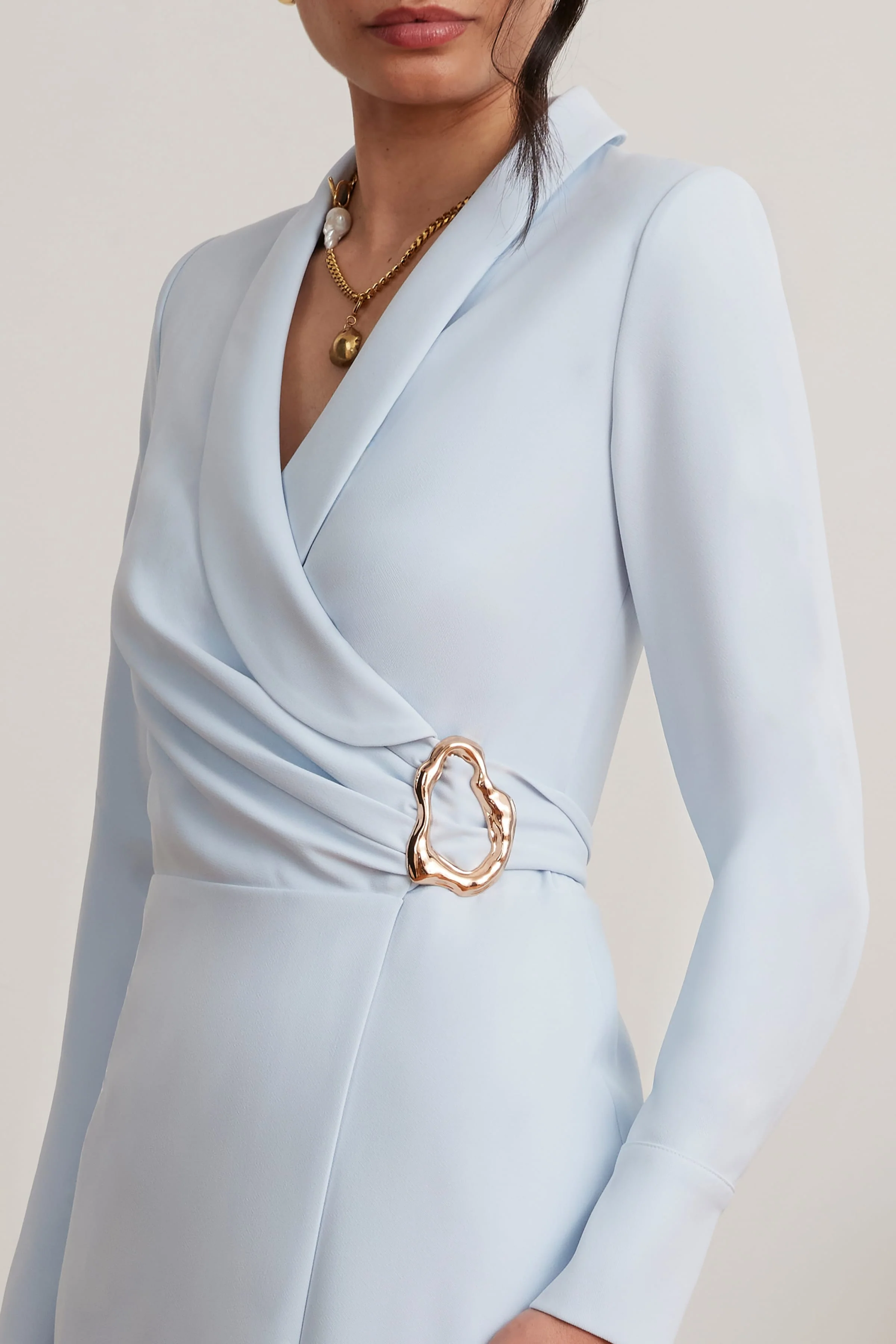 LILIANNE True Wrap Shirt Midi Dress With Gold Hardware In Powder Blue - Image 2