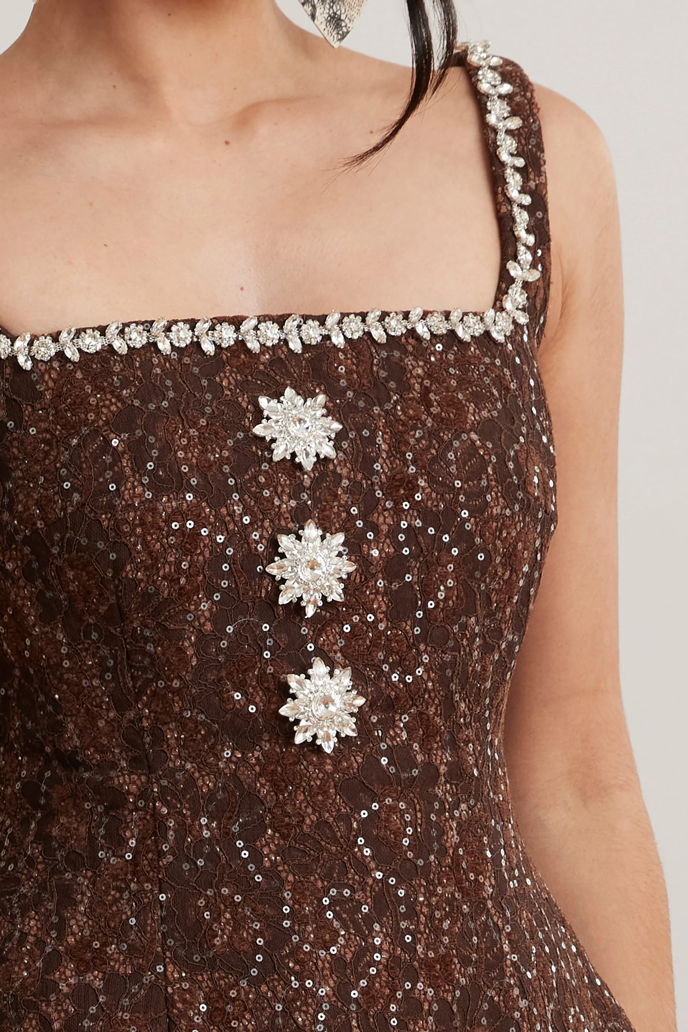 ZOEY Embellished Lace Boucle Tulip Mini Dress in Chocolate - Image 2