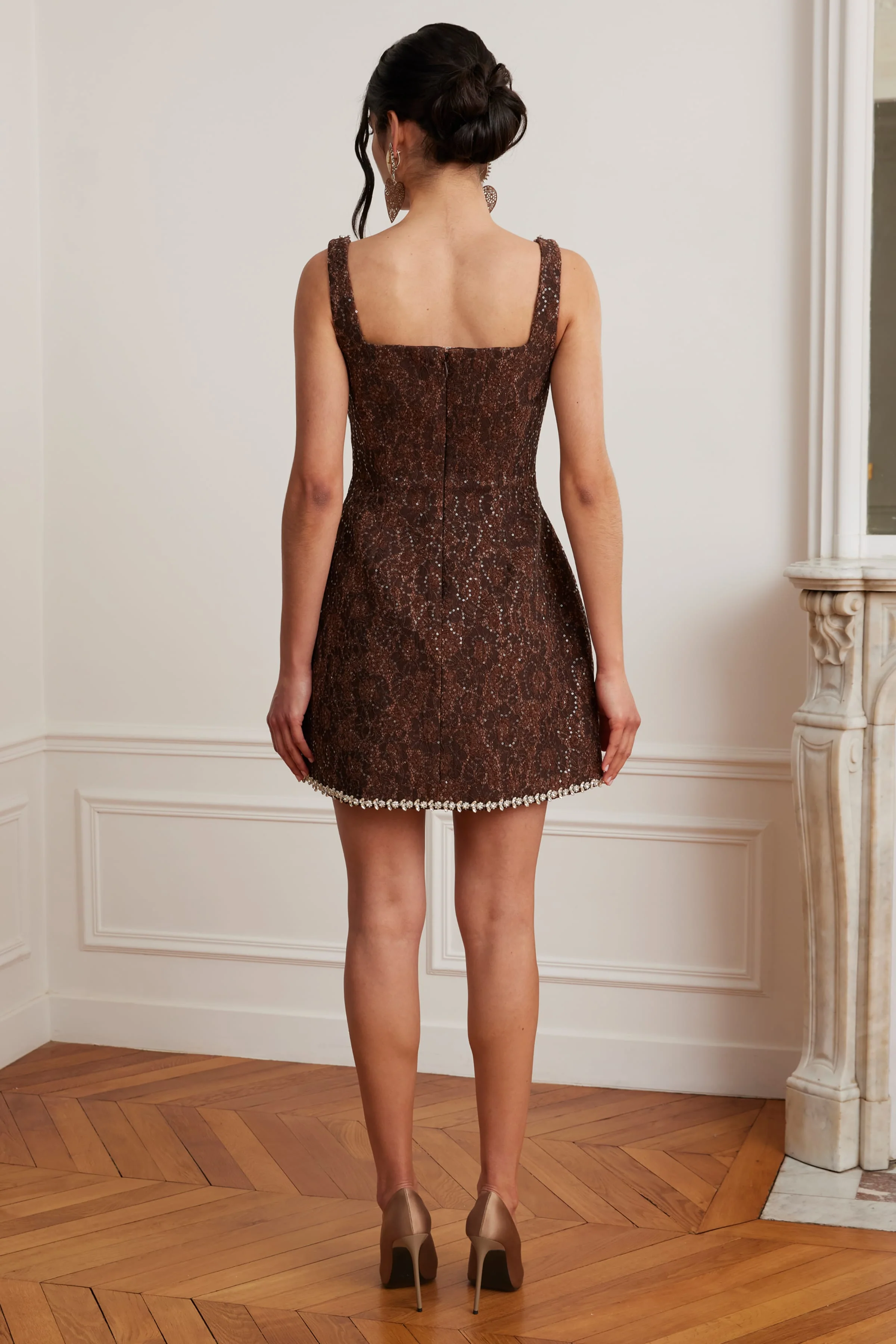 ZOEY Embellished Lace Boucle Tulip Mini Dress in Chocolate - Image 3