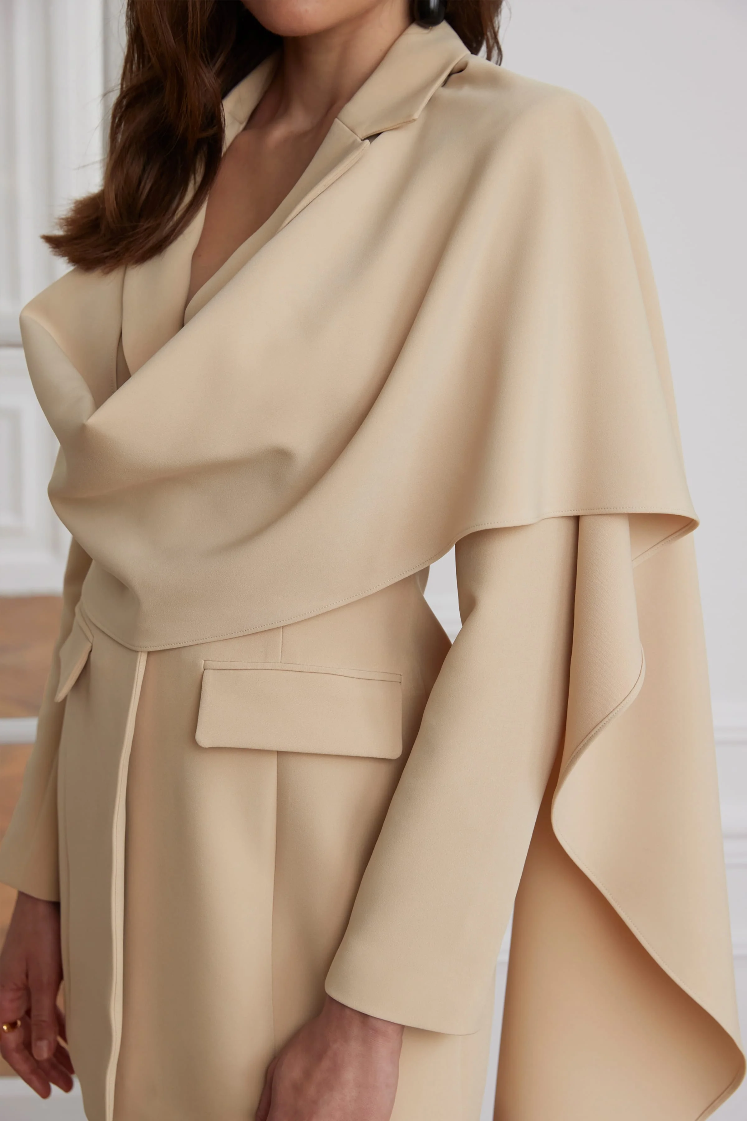 MIREILLE Cape Scarf Blazer Mini Dress In Sand - Image 3