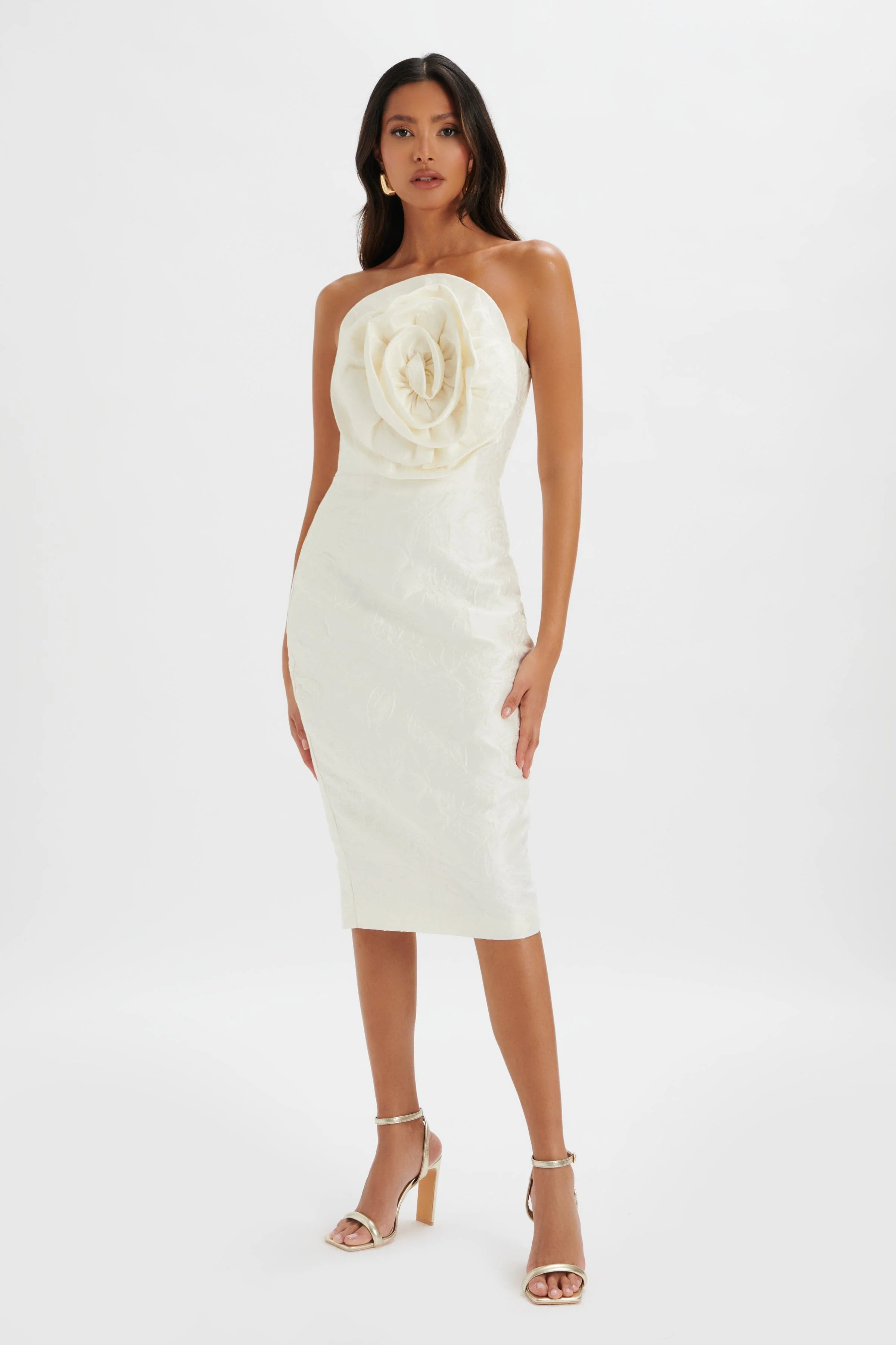 MONTANA 3D Flower Bandeau Midi Dress in White Jacquard - Image 2
