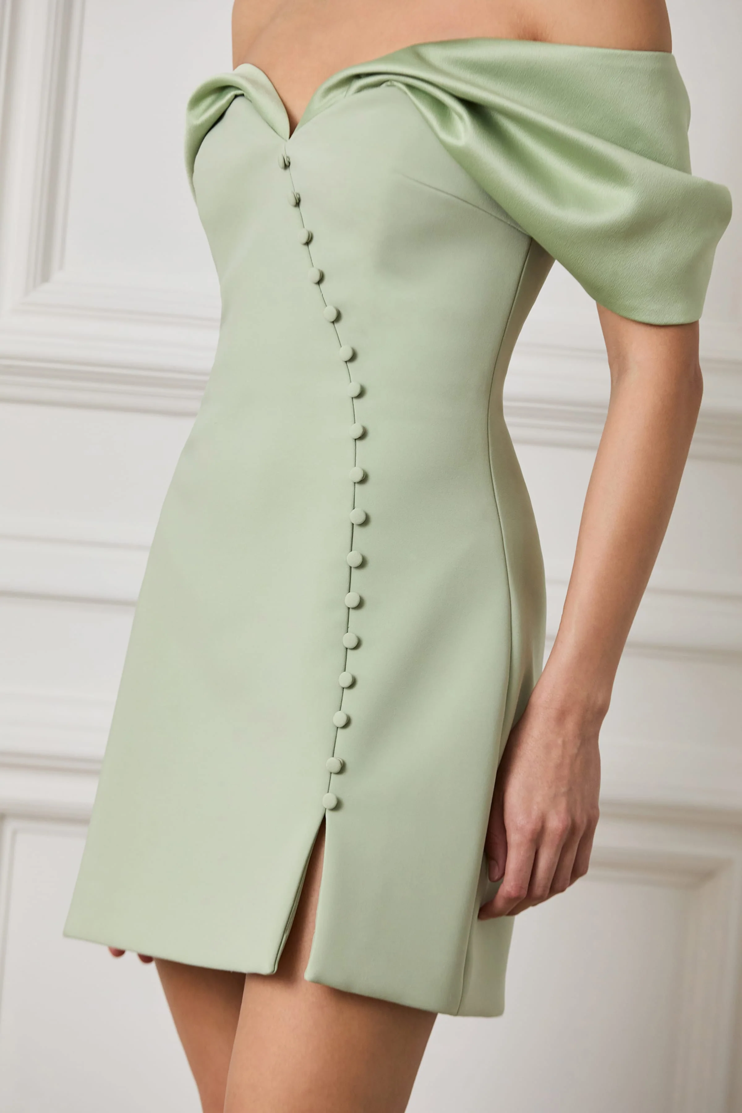 ODESSA Satin Contrast Off Shoulder Mini Tulip Dress in Sage Green - Image 2