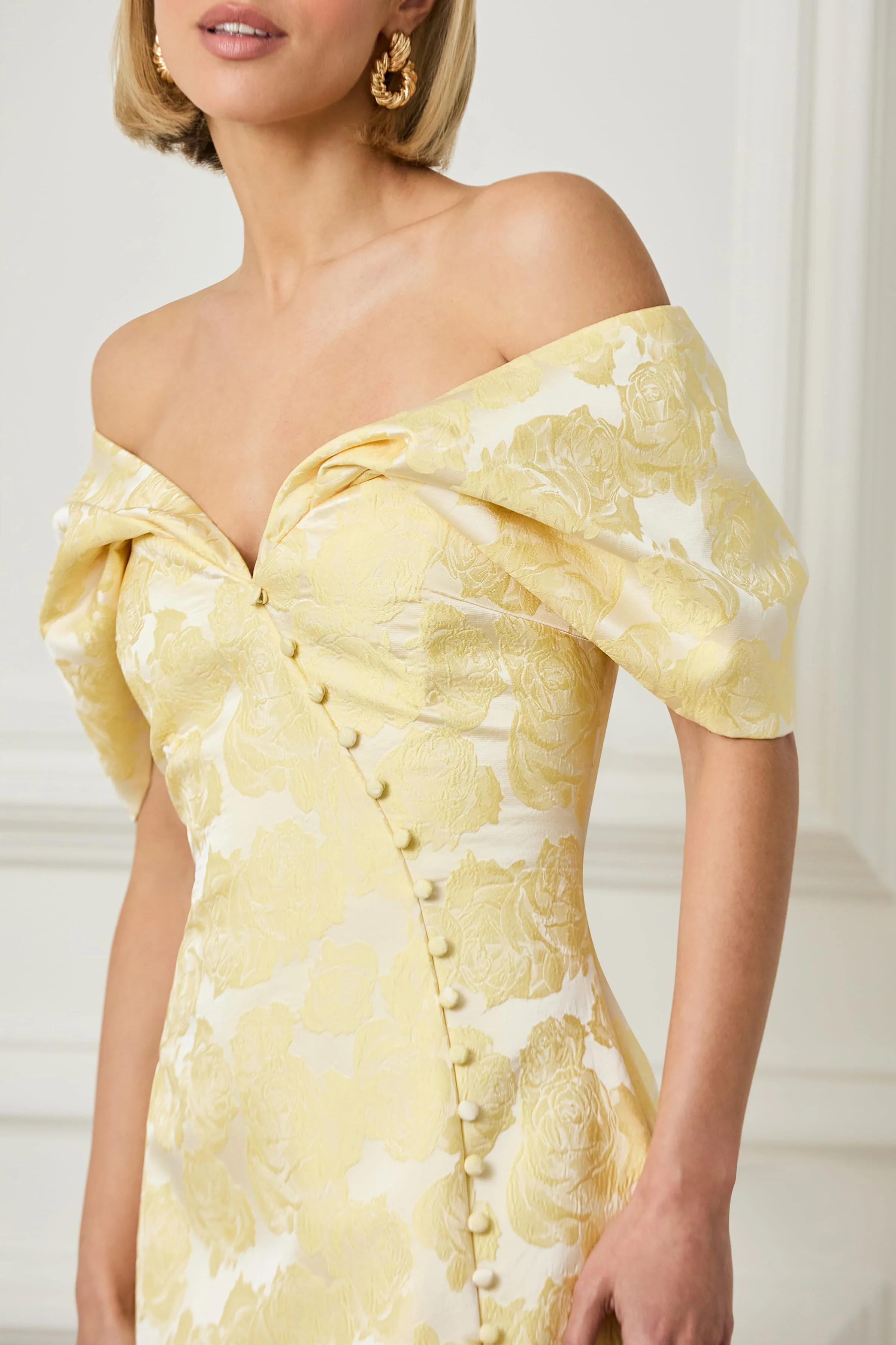 ODESSA Textured Jacquard Off Shoulder Mini Tulip Dress in Yellow - Image 2