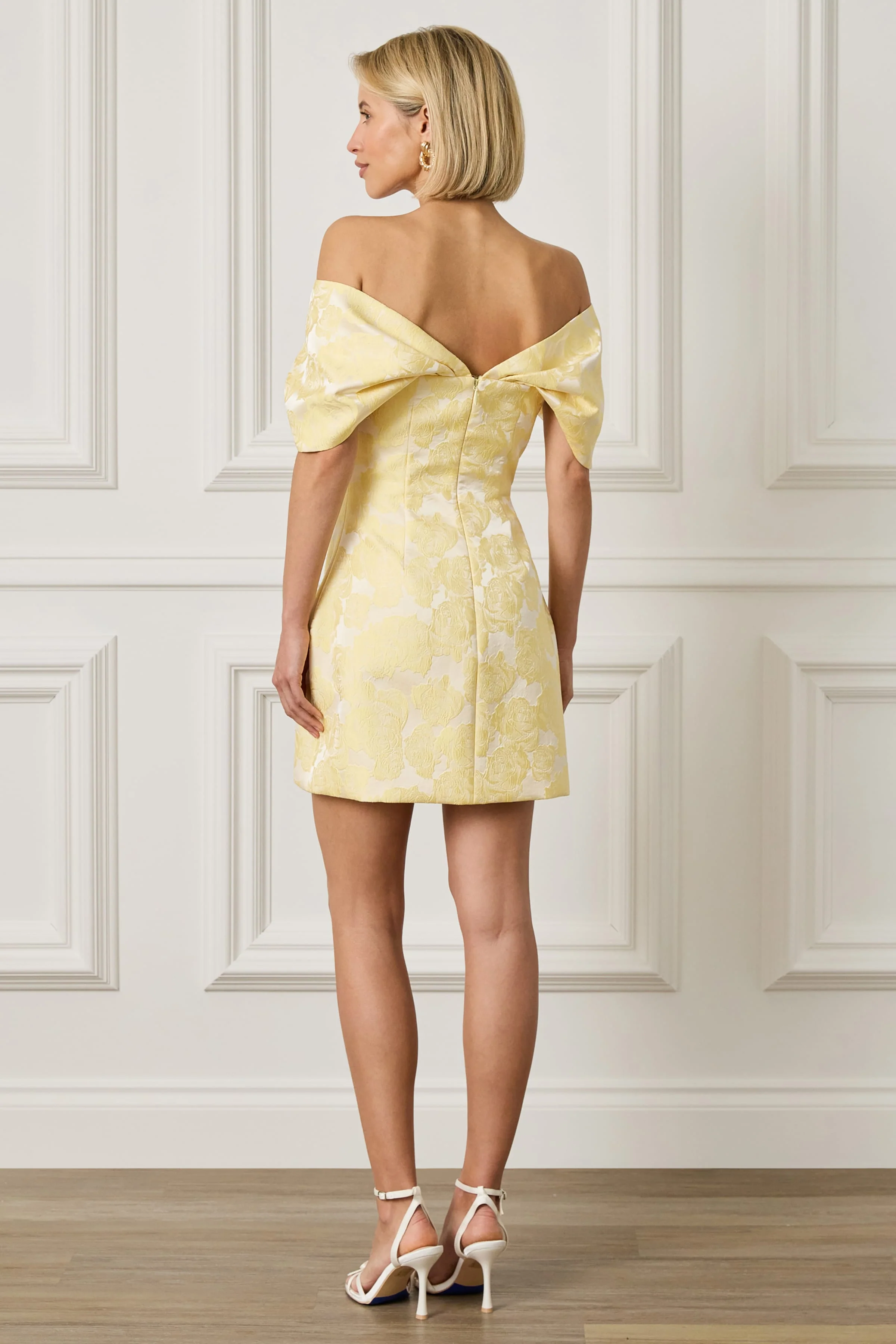 ODESSA Textured Jacquard Off Shoulder Mini Tulip Dress in Yellow - Image 3