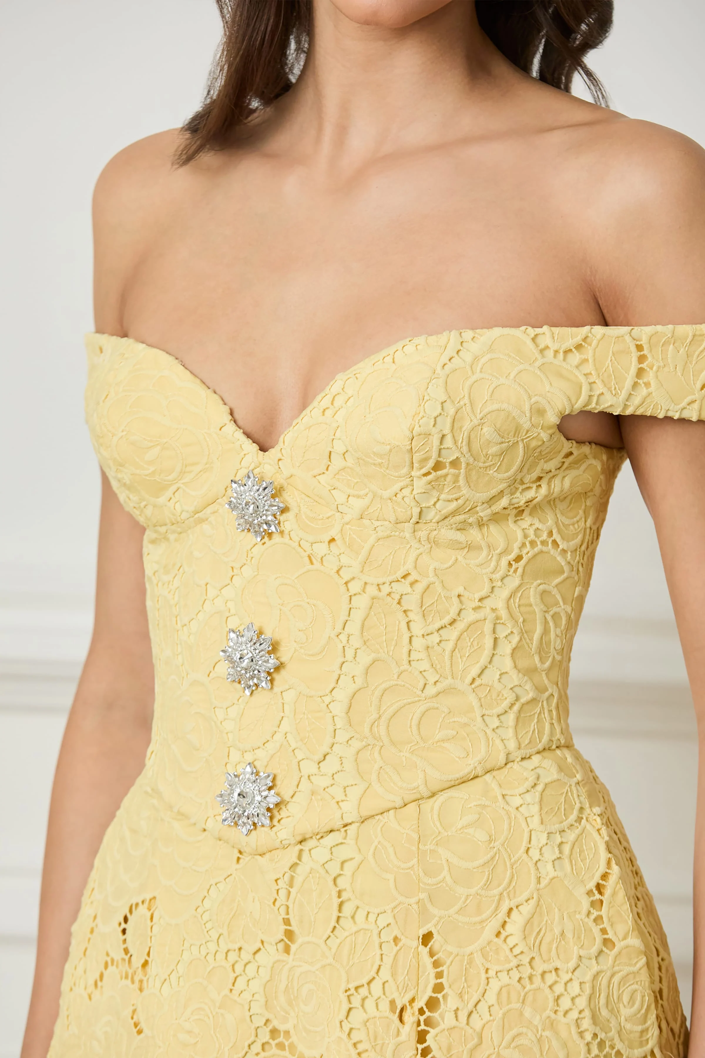 OLIVIA Broderie Anglais Off Shoulder Midi Sundress In Yellow - Image 2