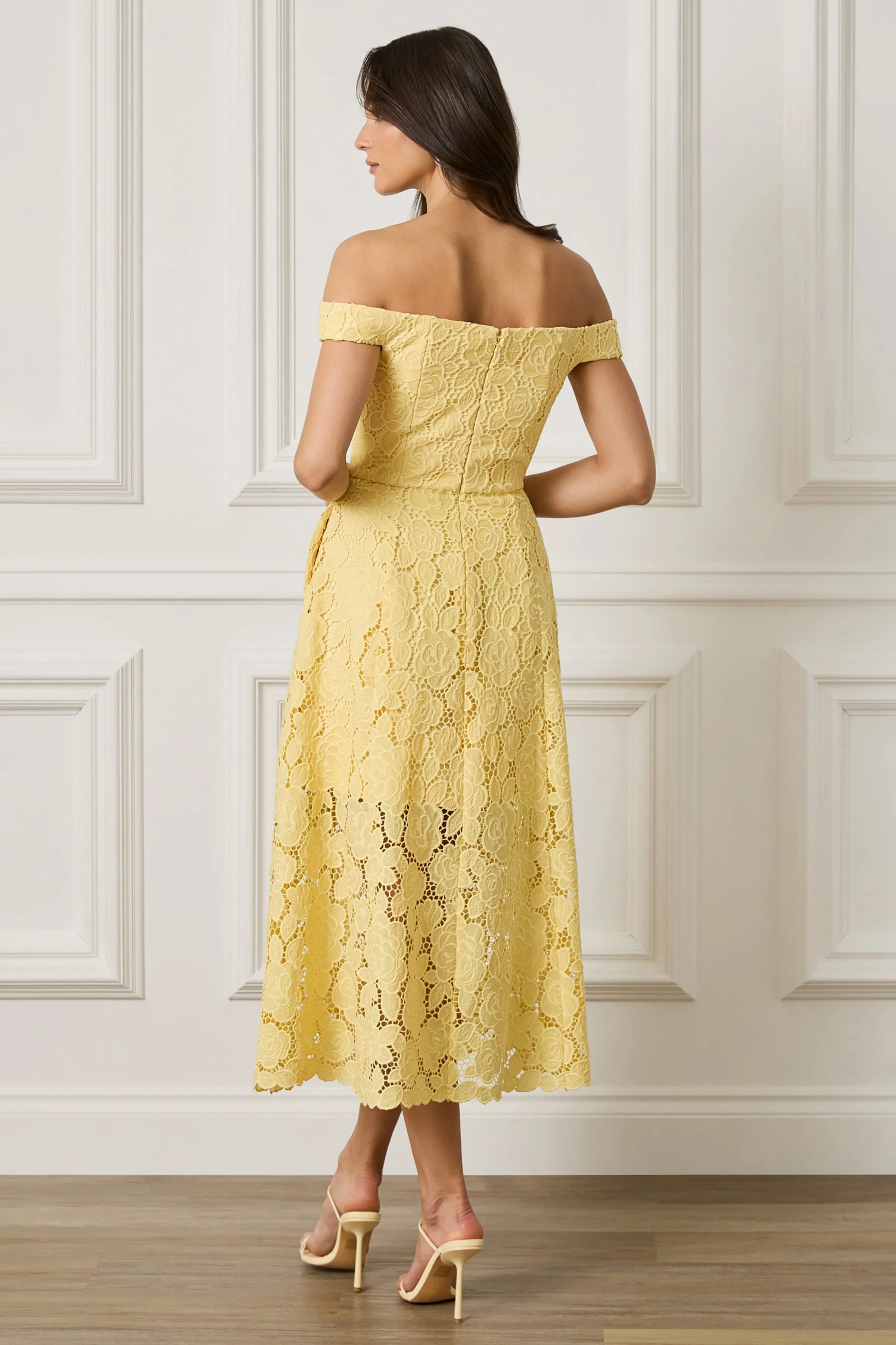 OLIVIA Broderie Anglais Off Shoulder Midi Sundress In Yellow - Image 3