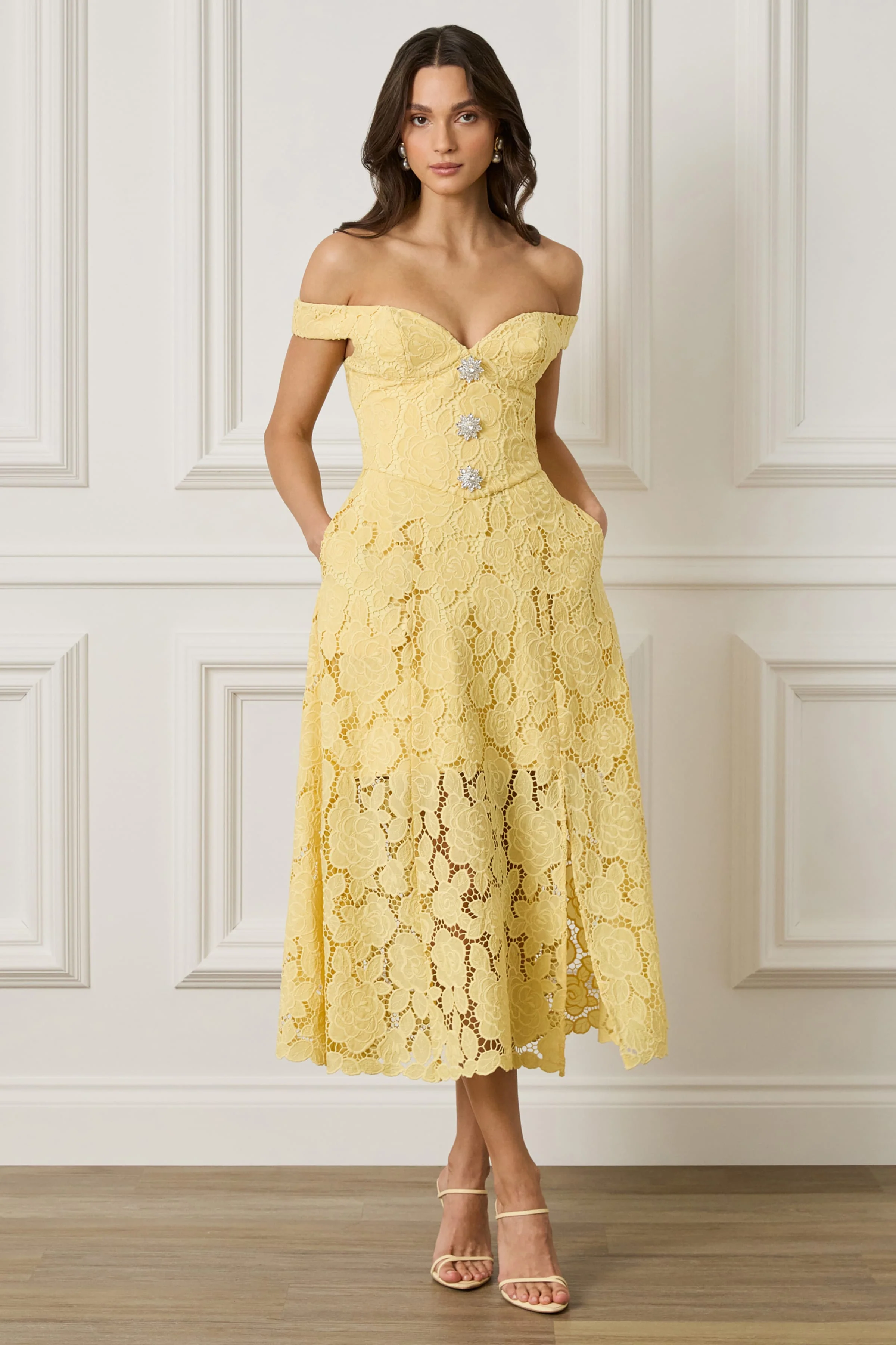 OLIVIA Broderie Anglais Off Shoulder Midi Sundress In Yellow - Image 4