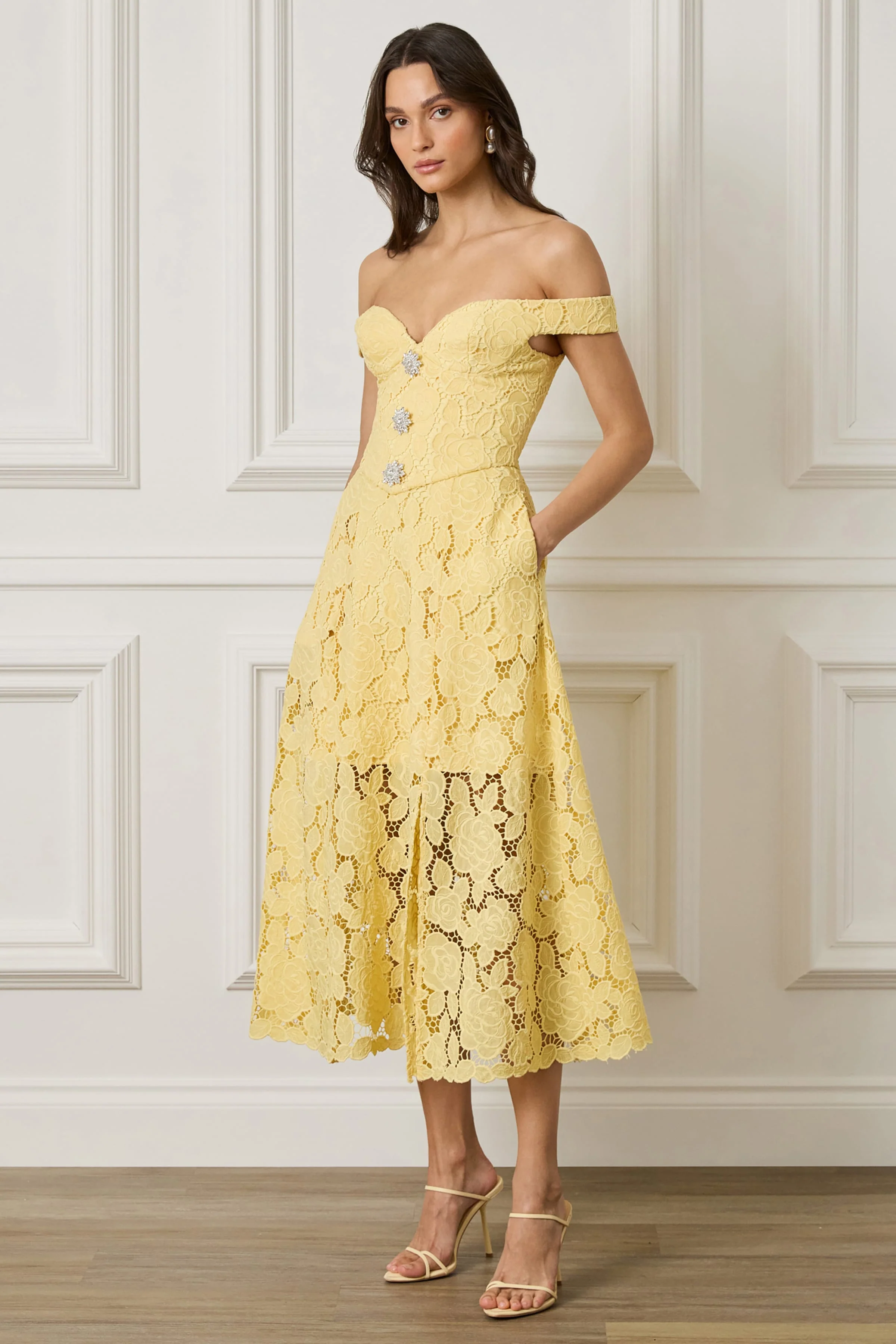 OLIVIA Broderie Anglais Off Shoulder Midi Sundress In Yellow - Image 5