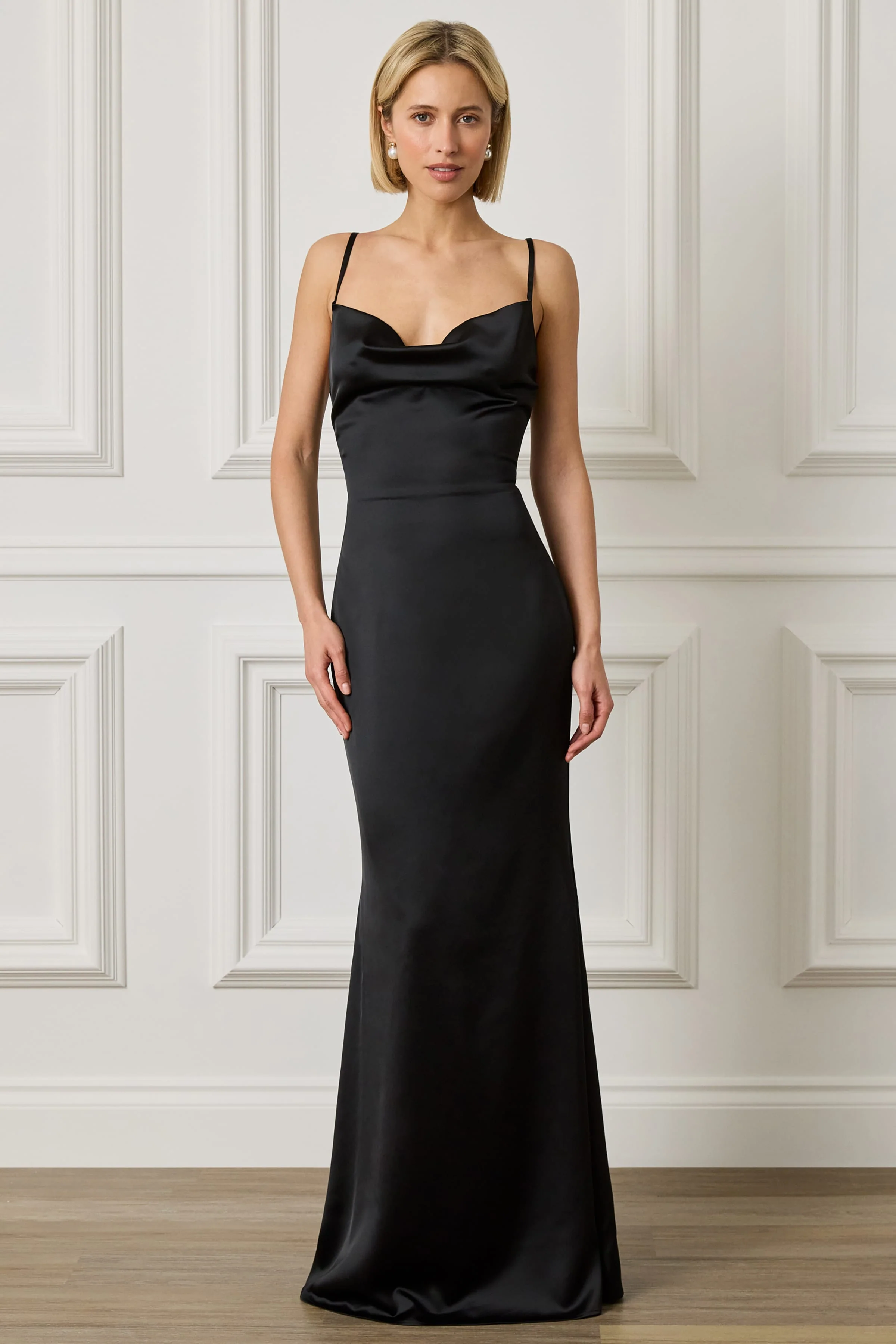 PENNY Satin Cowl Neck Scoop Back Maxi Dress in  Black - Image 5