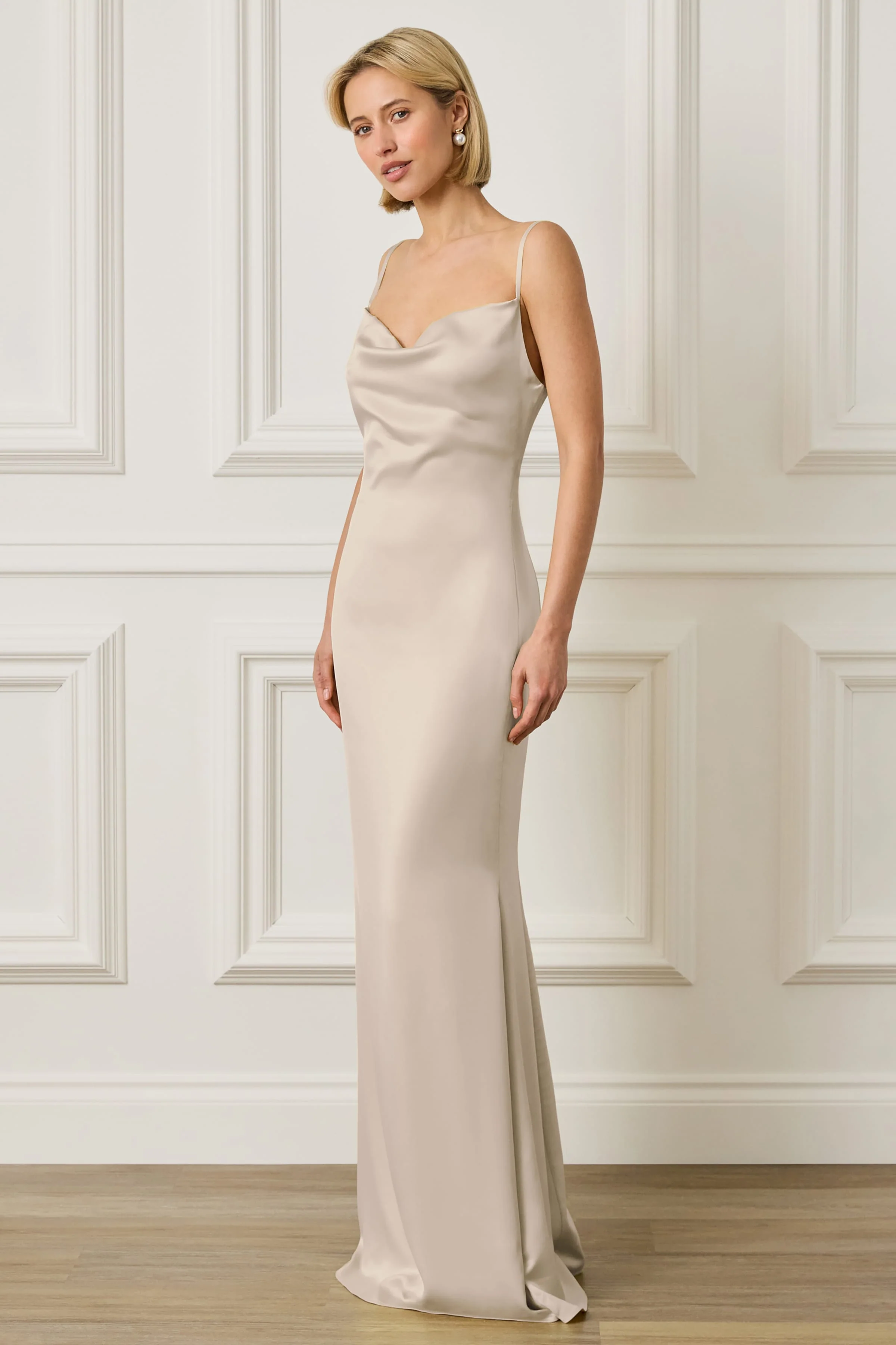 PENNY Satin Cowl Neck Scoop Back Maxi Dress in Champagne - Image 4