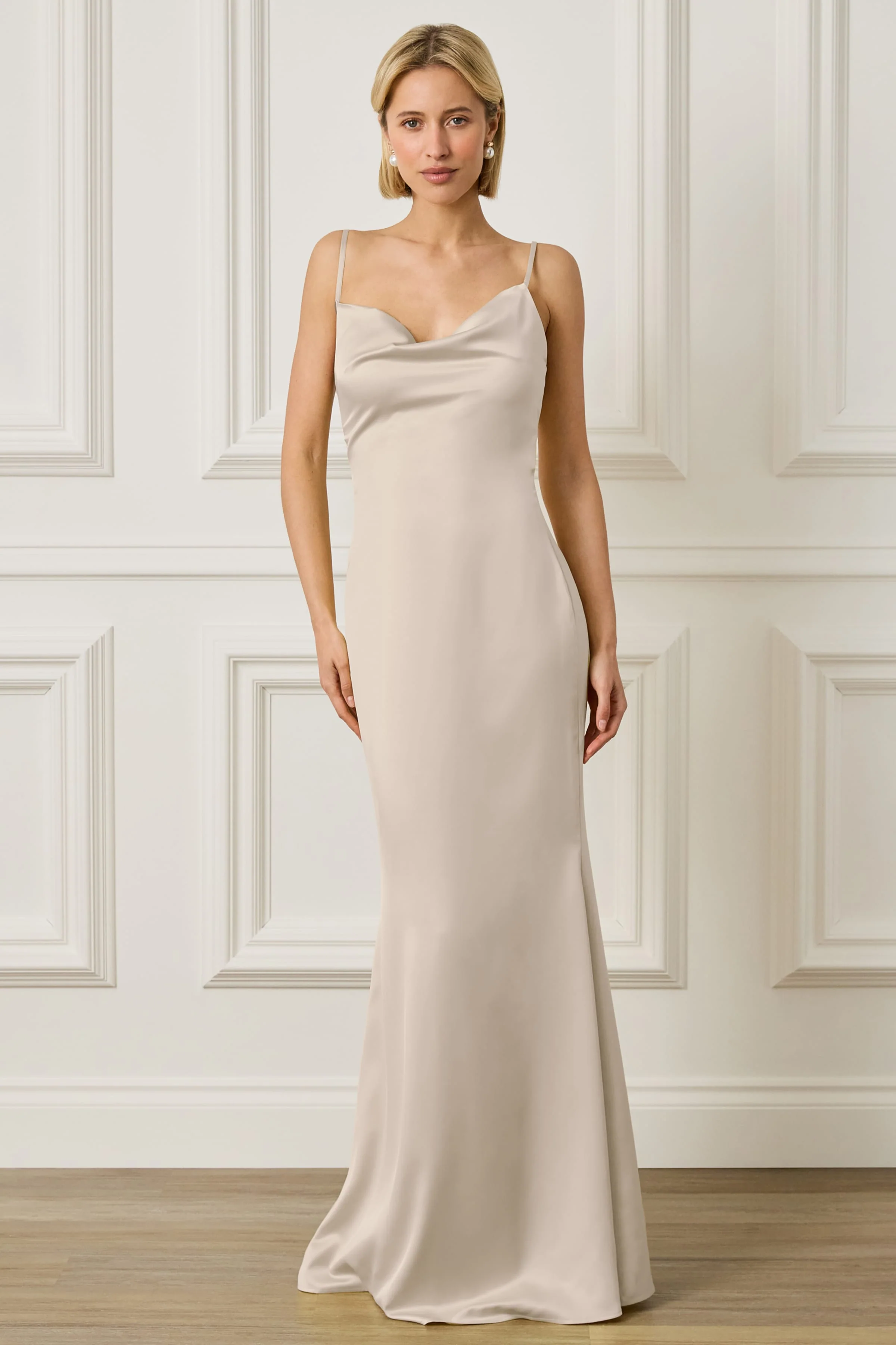 PENNY Satin Cowl Neck Scoop Back Maxi Dress in Champagne - Image 5