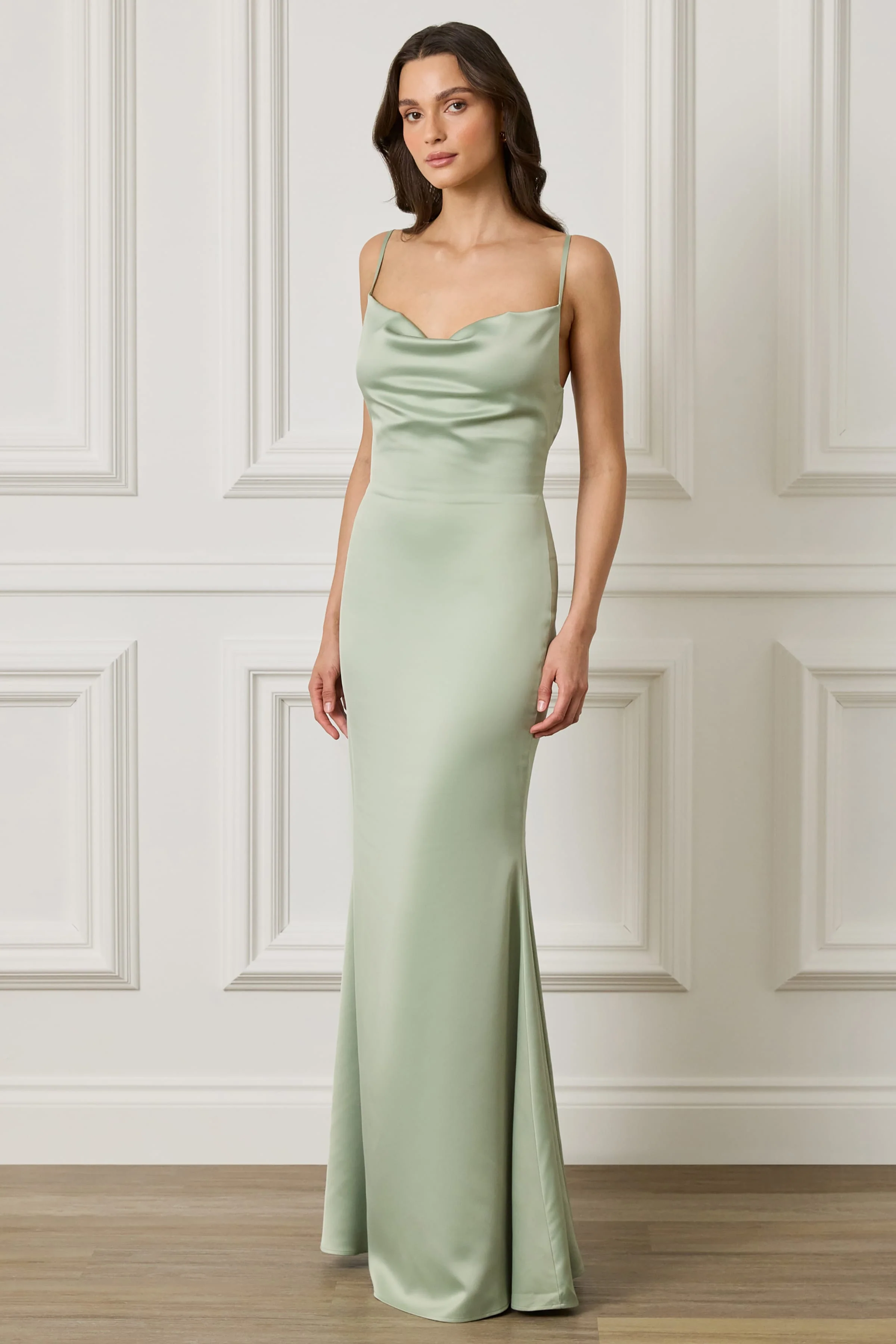 PENNY Satin Cowl Neck Scoop Back Maxi Dress in Sage Green - Image 4