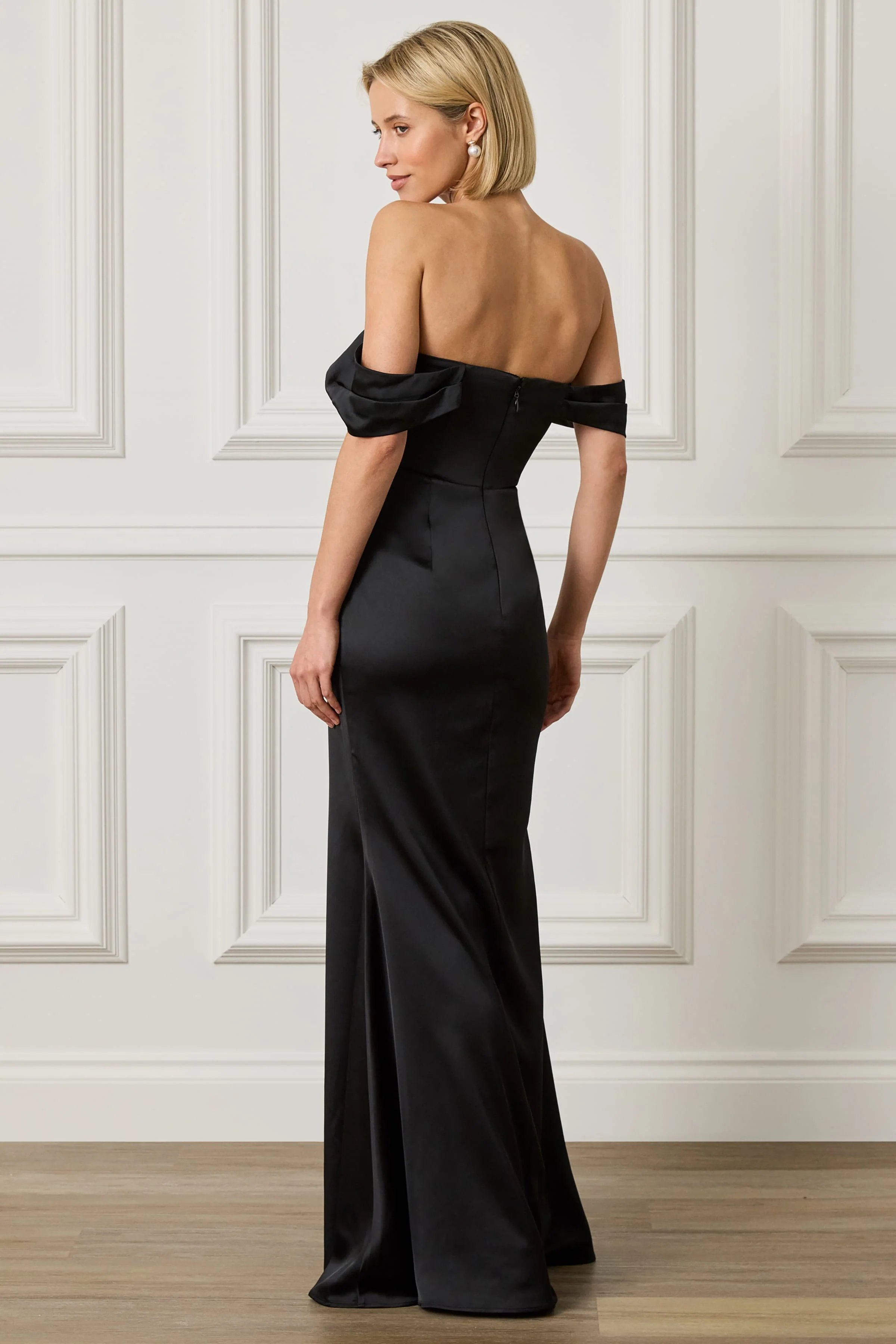 RAYNE Satin Drape Bardot Maxi Dress in Black - Image 2