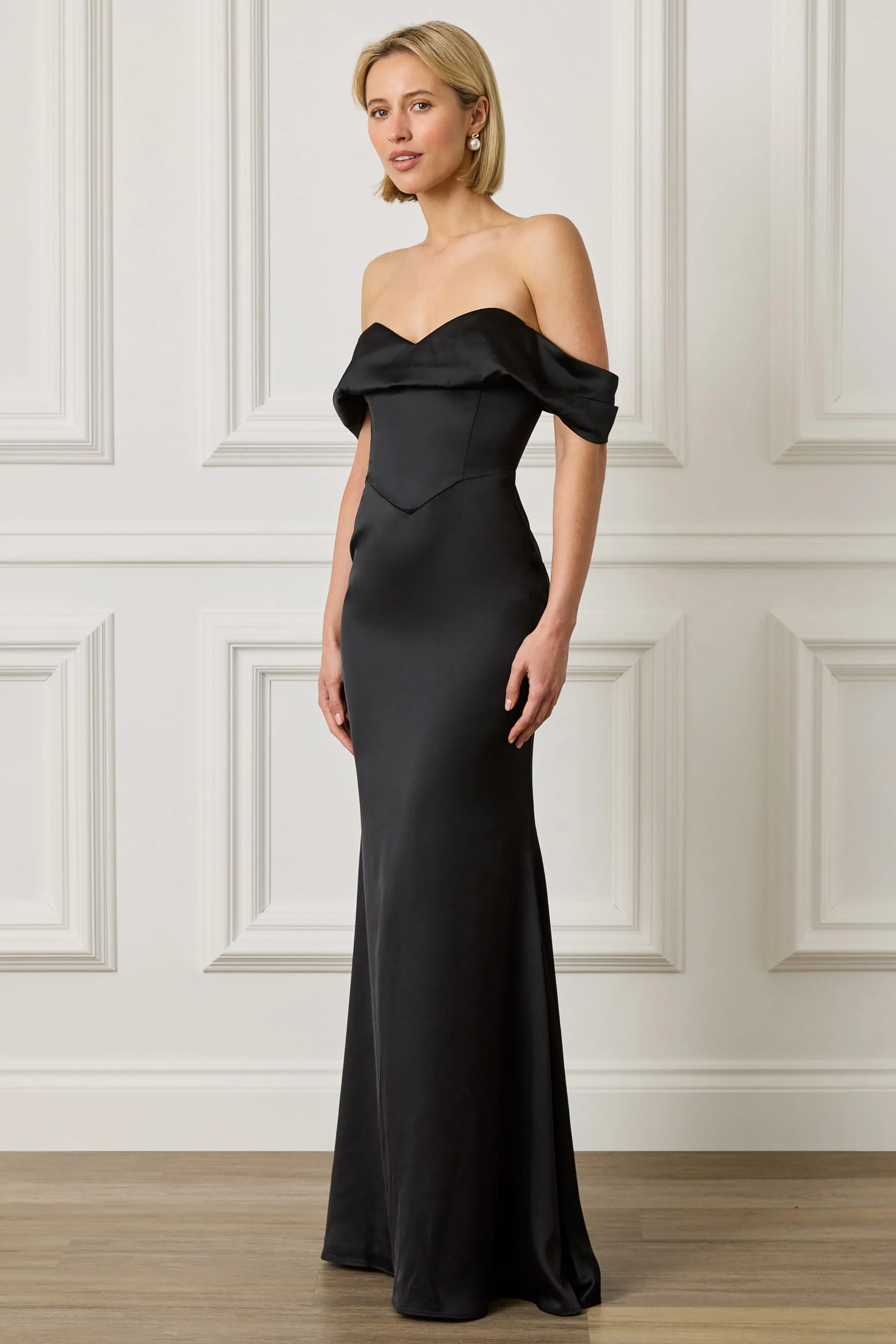 RAYNE Satin Drape Bardot Maxi Dress in Black - Image 4