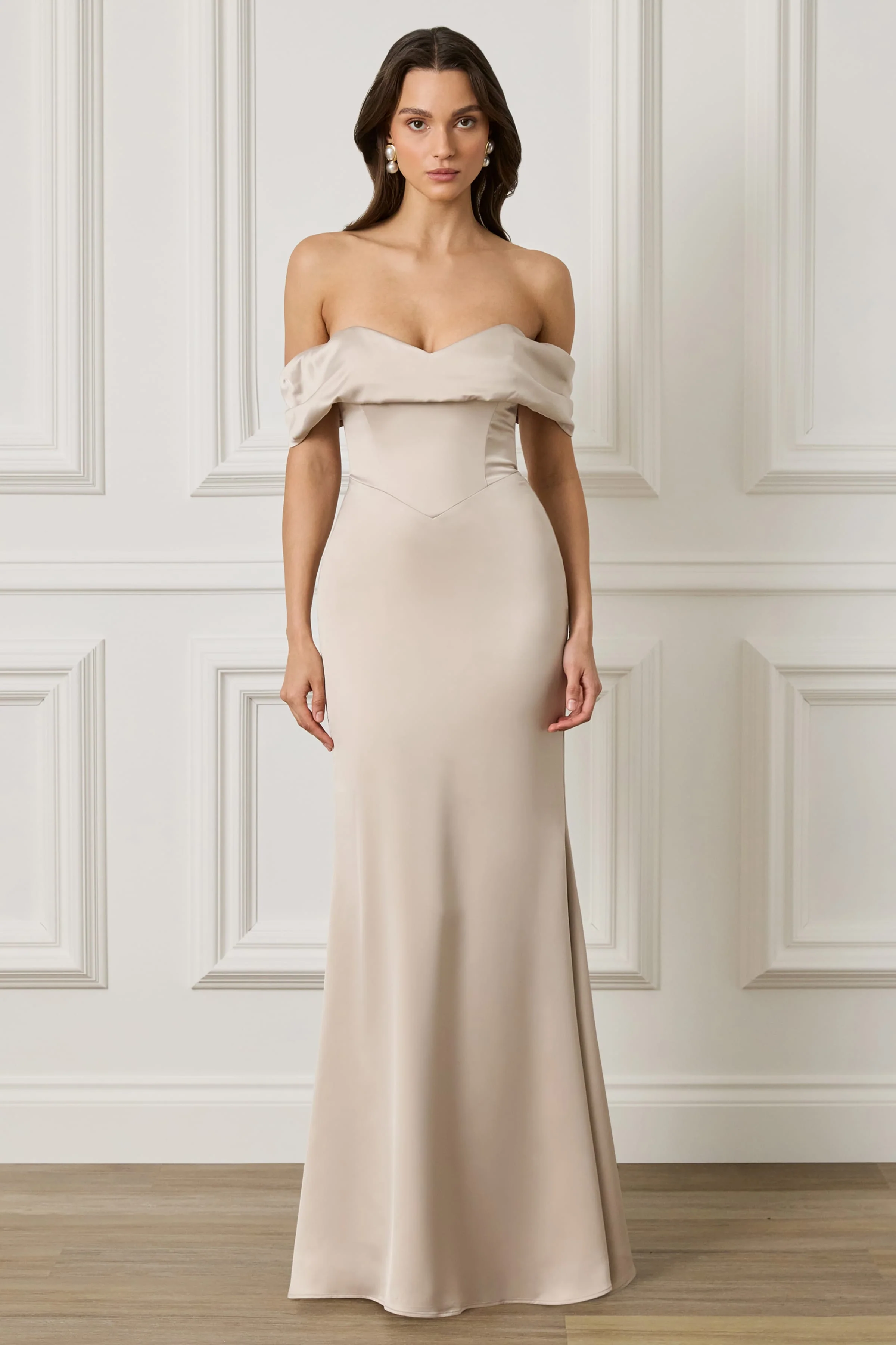 RAYNE Satin Drape Bardot Maxi Dress in Champagne
