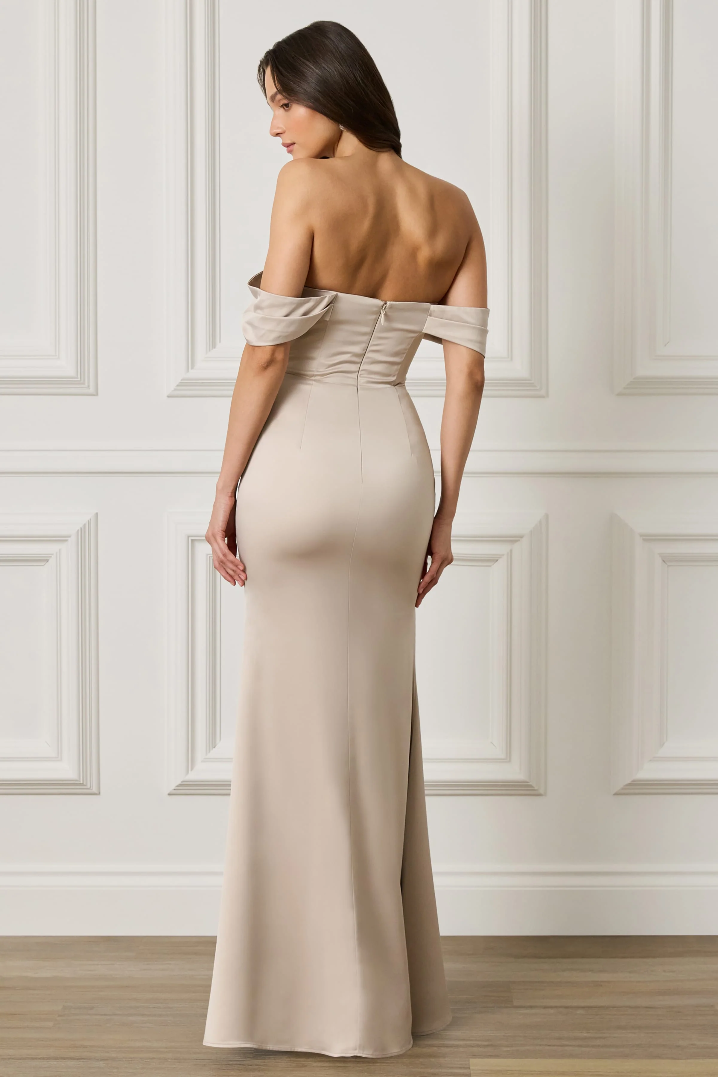 RAYNE Satin Drape Bardot Maxi Dress in Champagne - Image 2