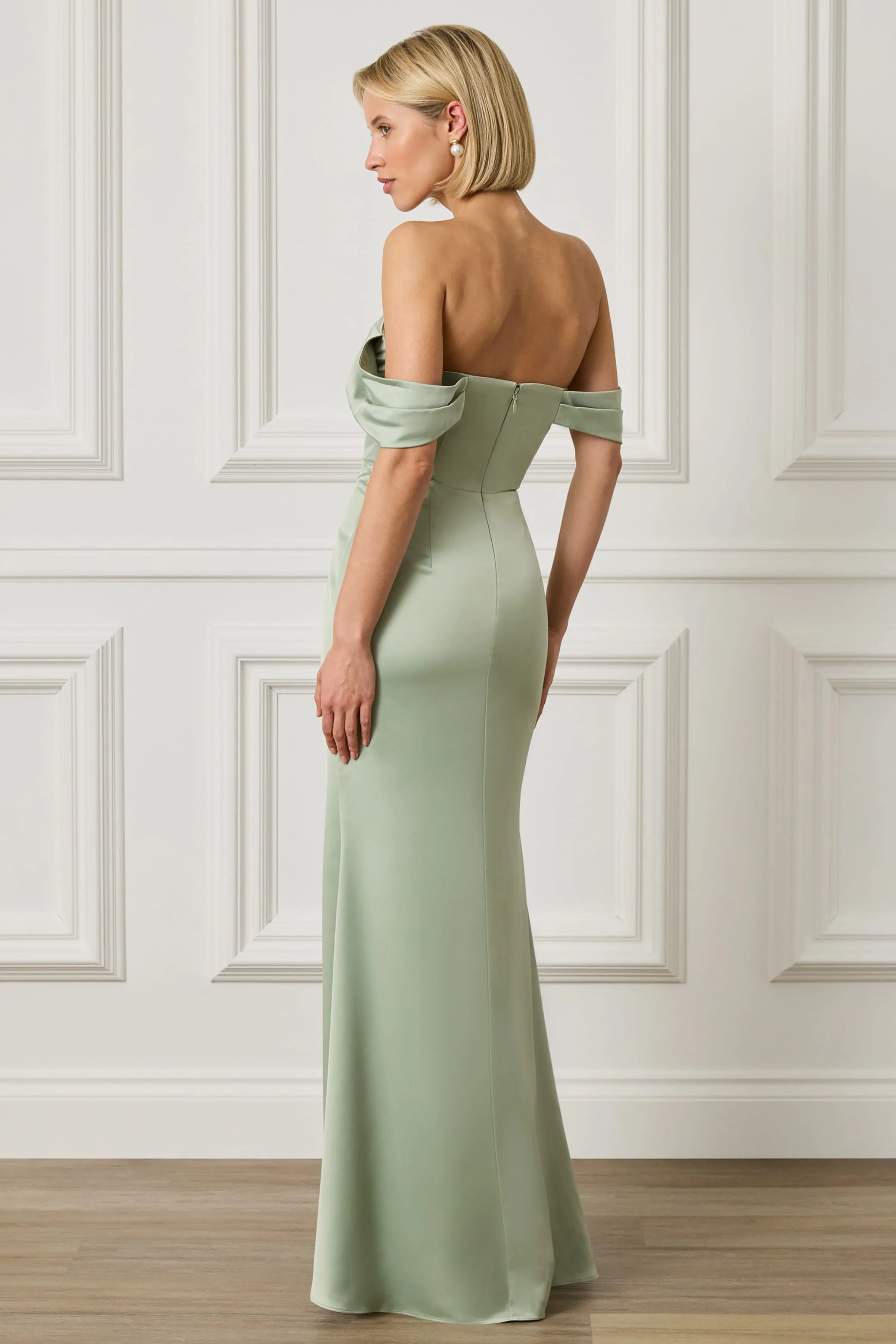 RAYNE Satin Drape Bardot Maxi Dress in Sage Green - Image 2