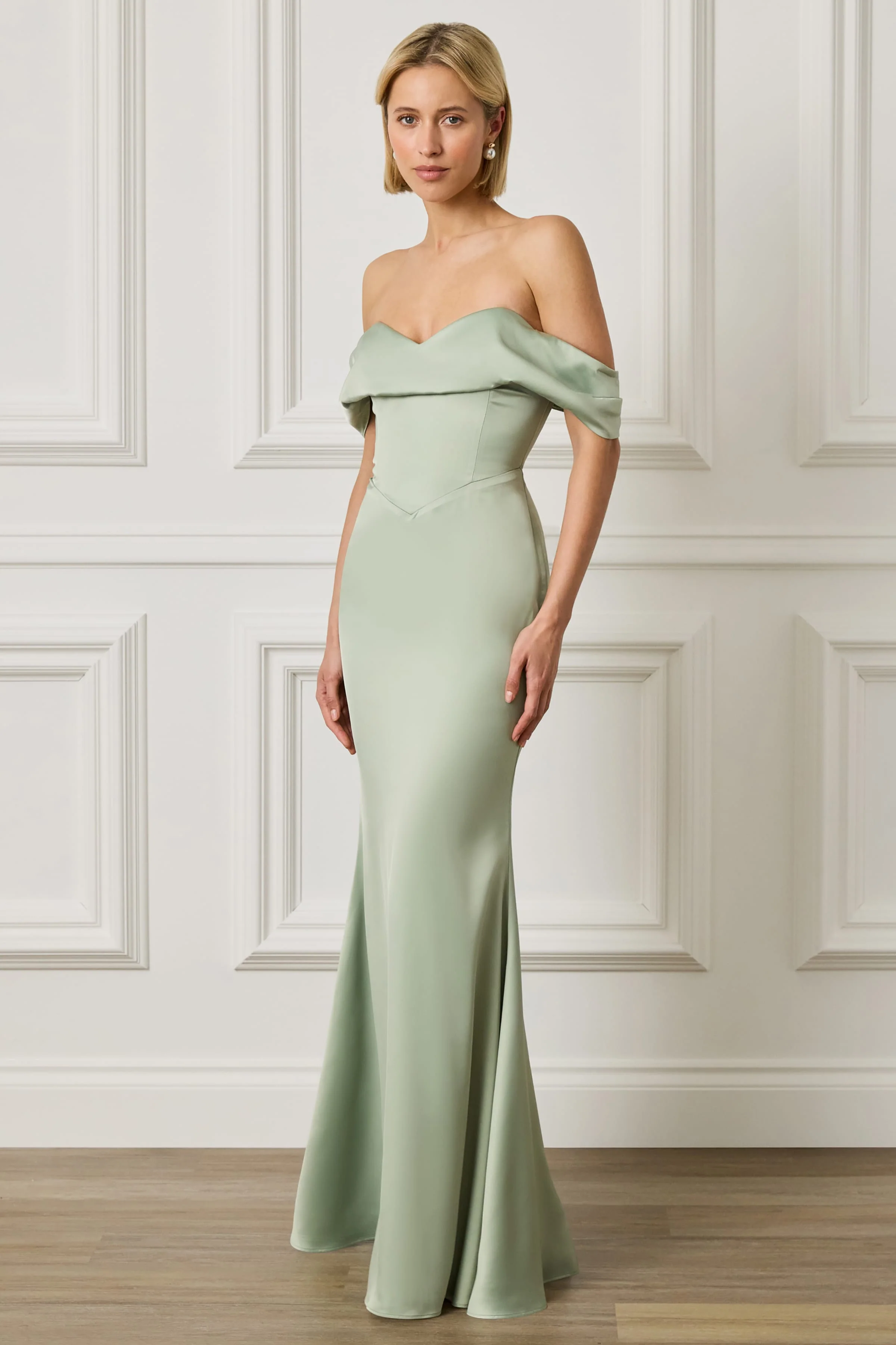 RAYNE Satin Drape Bardot Maxi Dress in Sage Green - Image 4