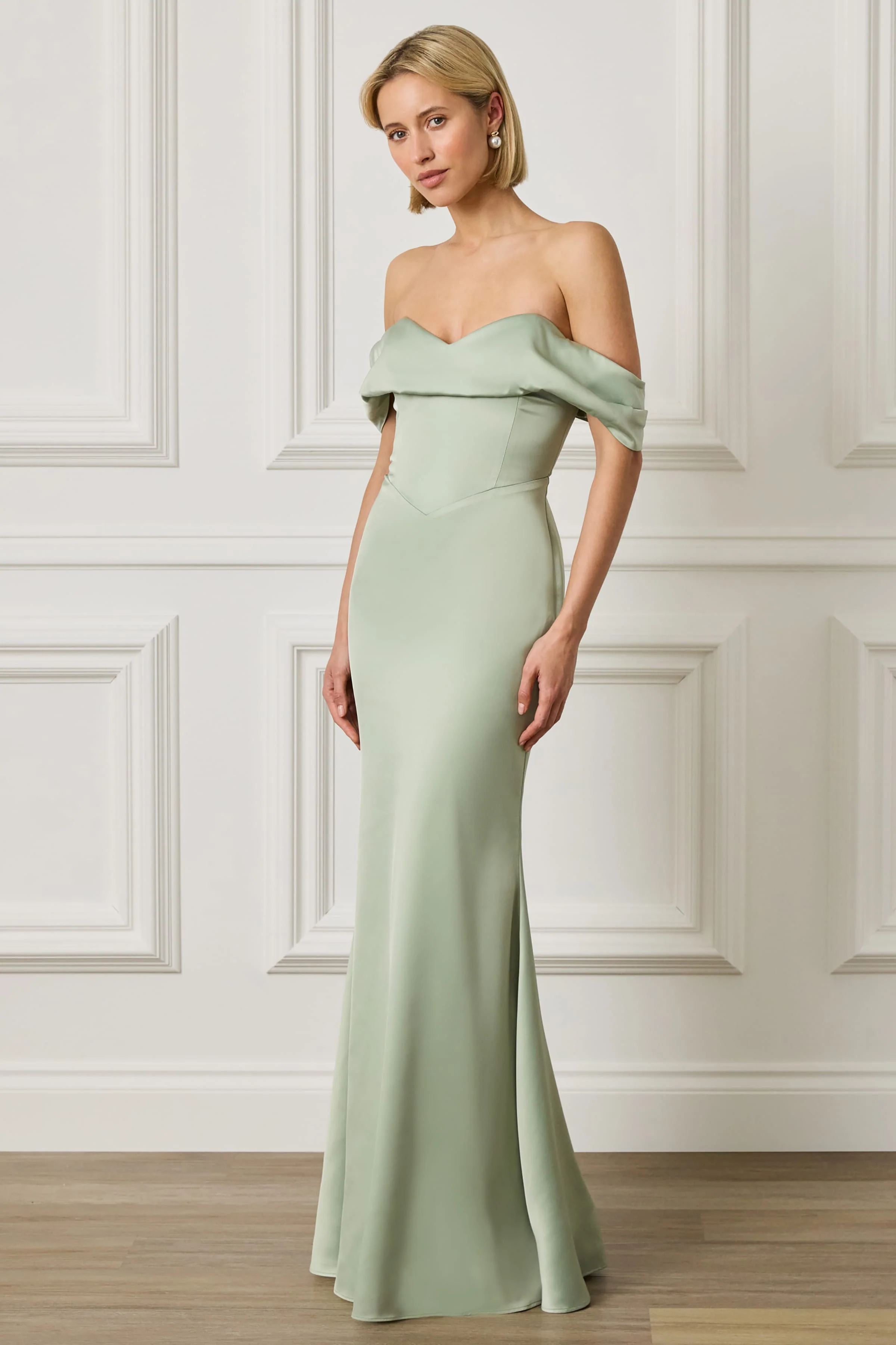 RAYNE Satin Drape Bardot Maxi Dress in Sage Green - Image 5