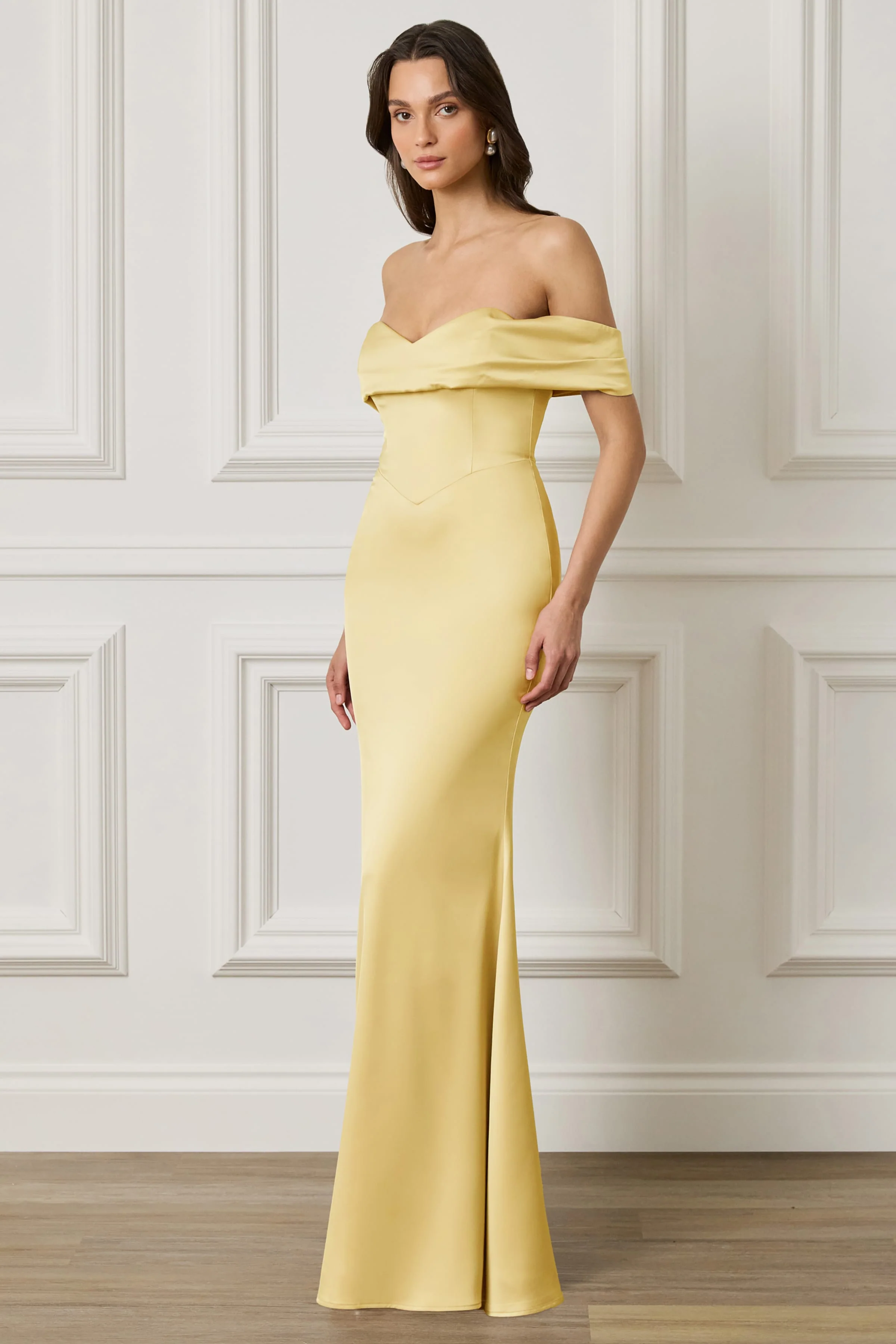 RAYNE Satin Drape Bardot Maxi Dress in Yellow - Image 4