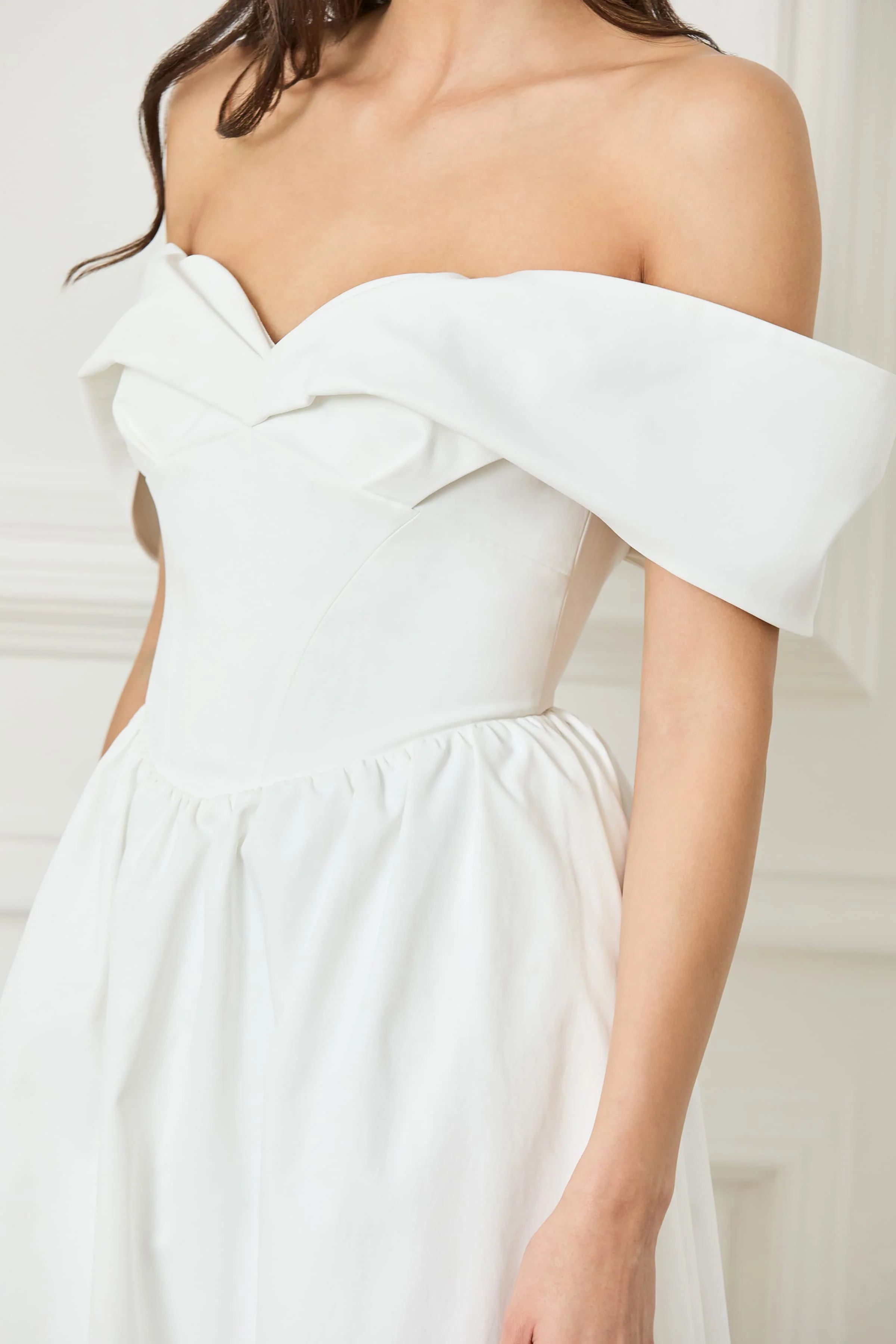 ROSALIND Pleated Off Shoulder Corset Sundress In White - Image 3
