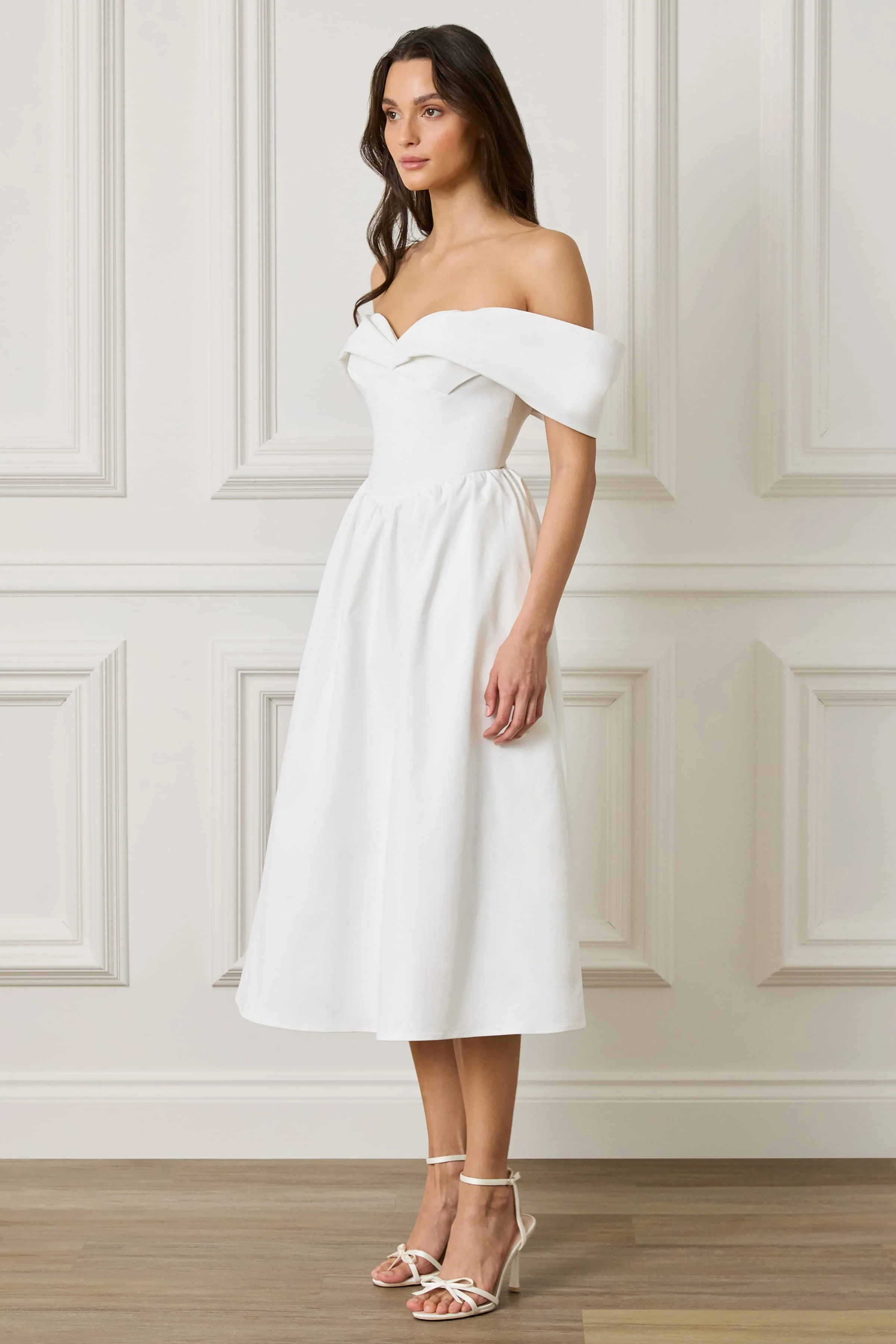 ROSALIND Pleated Off Shoulder Corset Sundress In White - Image 4