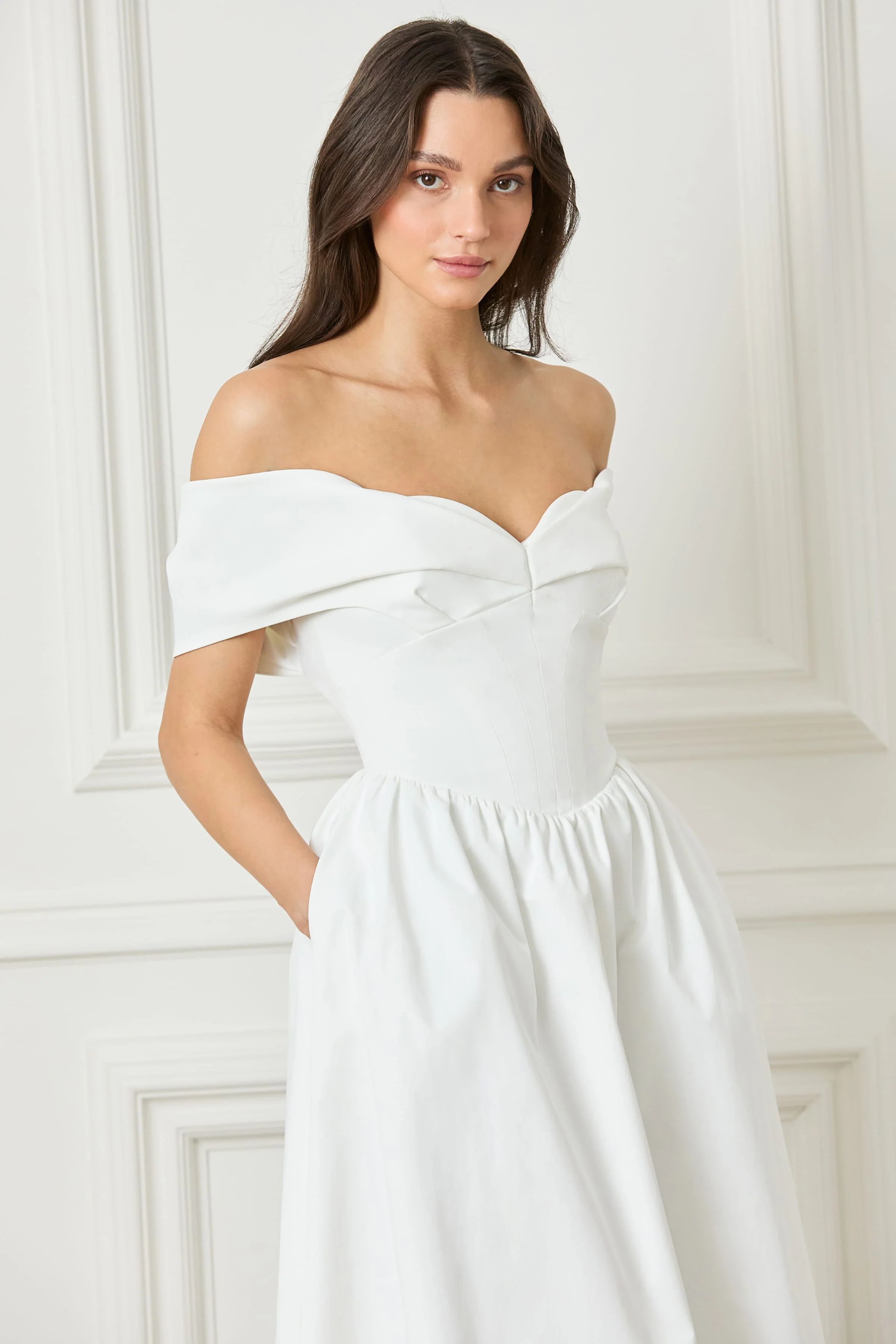 ROSALIND Pleated Off Shoulder Corset Sundress In White - Image 5