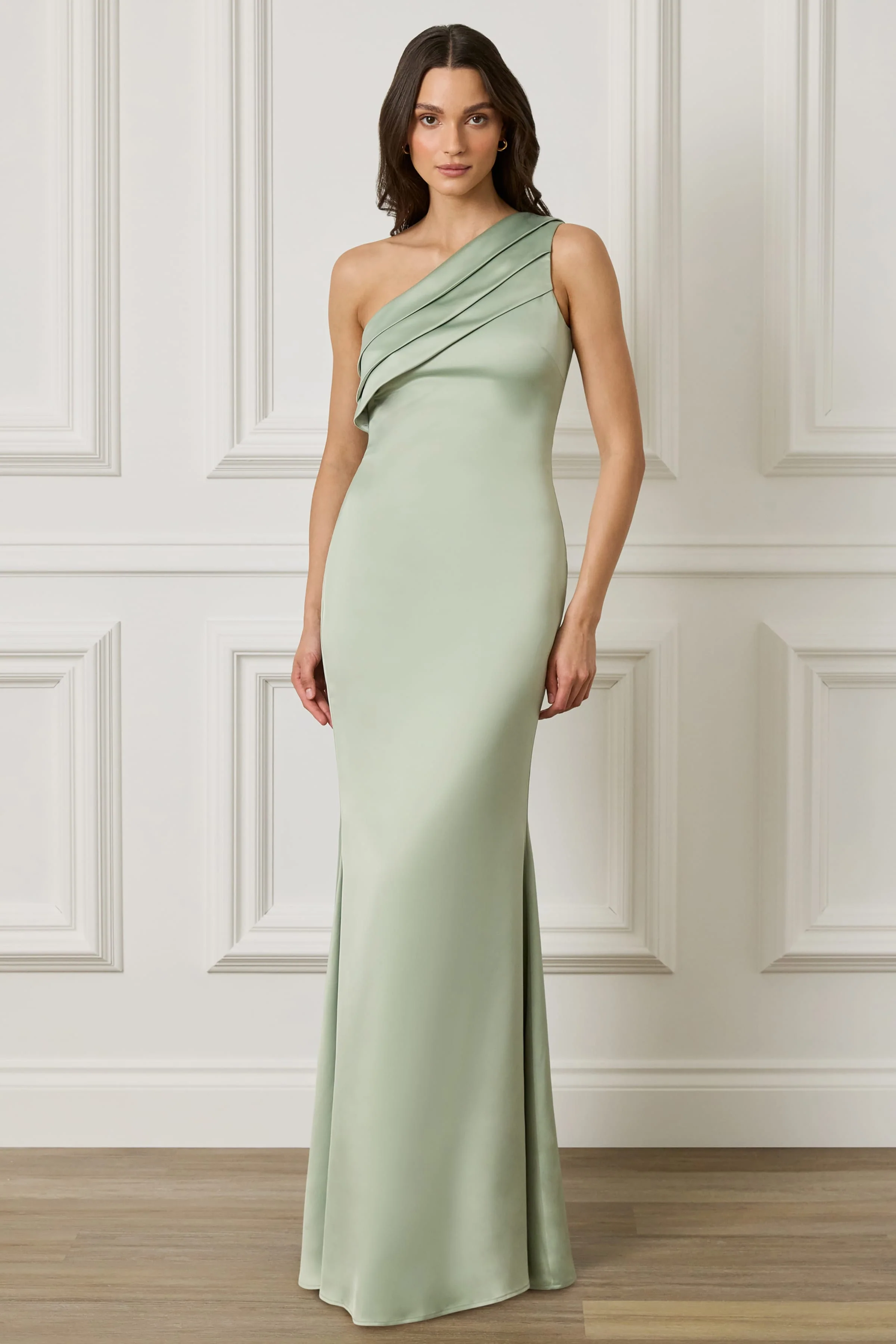 SADIE Asymmetric Pleated Satin Maxi Dress in Sage Green - Image 5