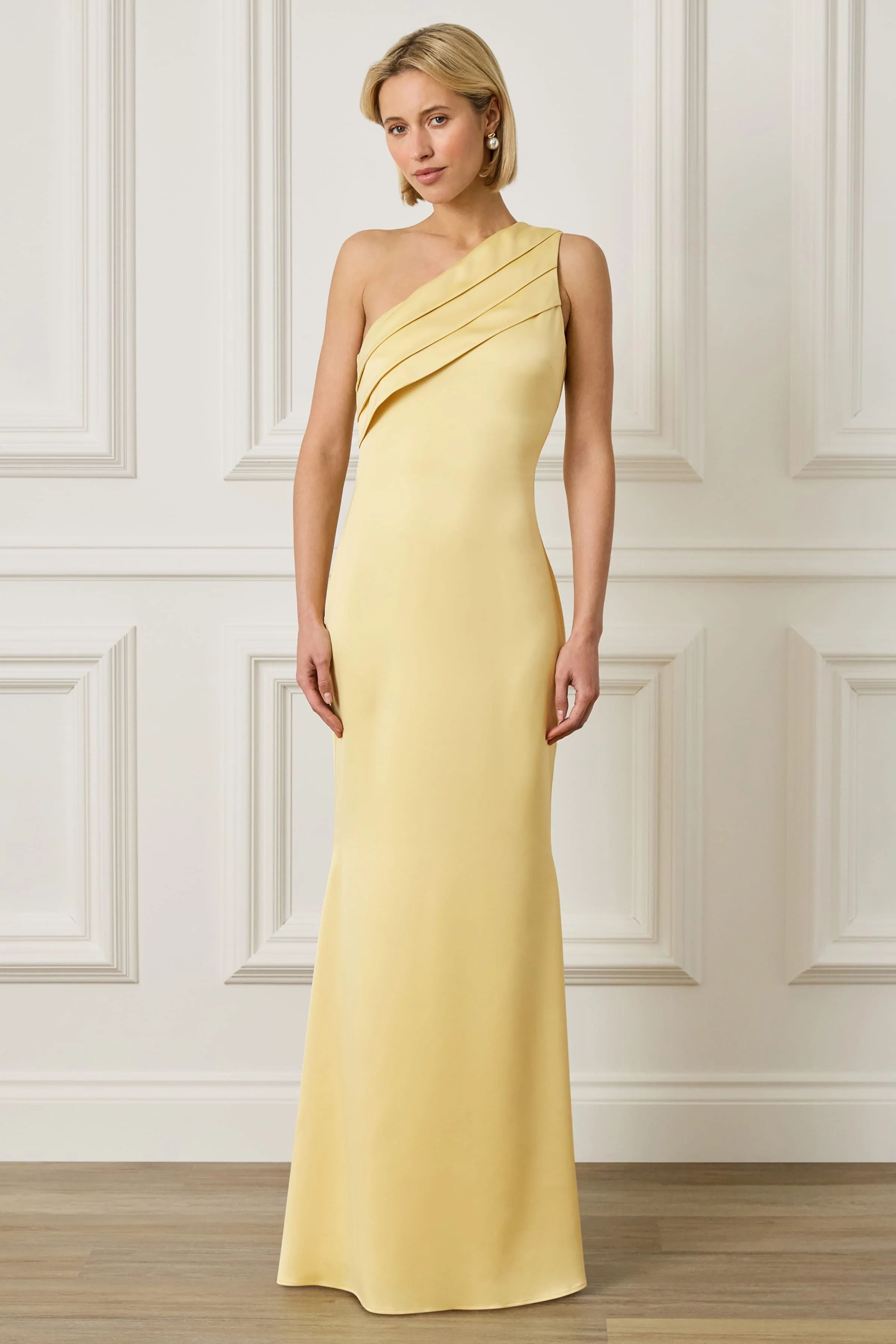 SADIE Asymmetric Pleated Satin Maxi Dress in Yellow