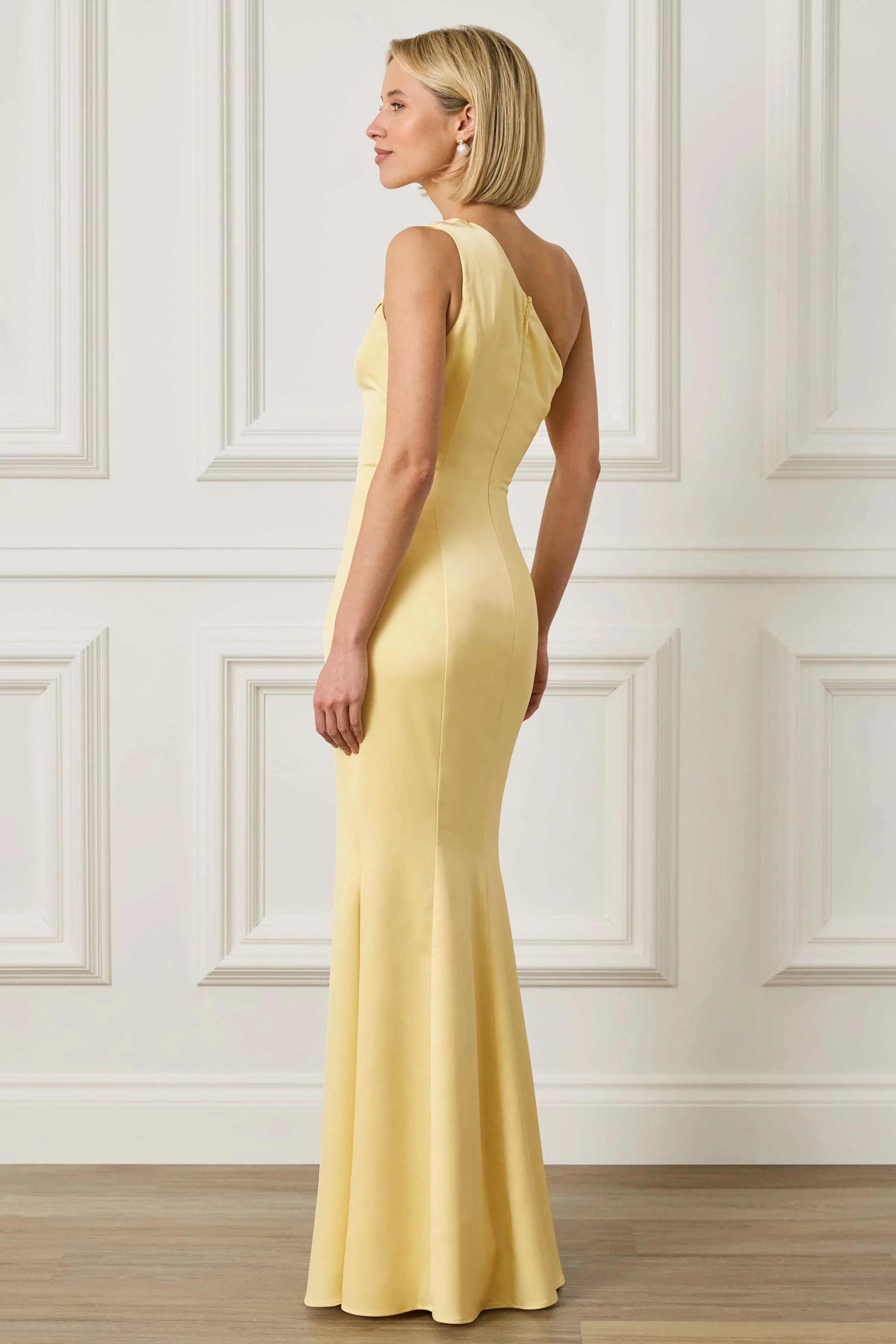 SADIE Asymmetric Pleated Satin Maxi Dress in Yellow - Image 2