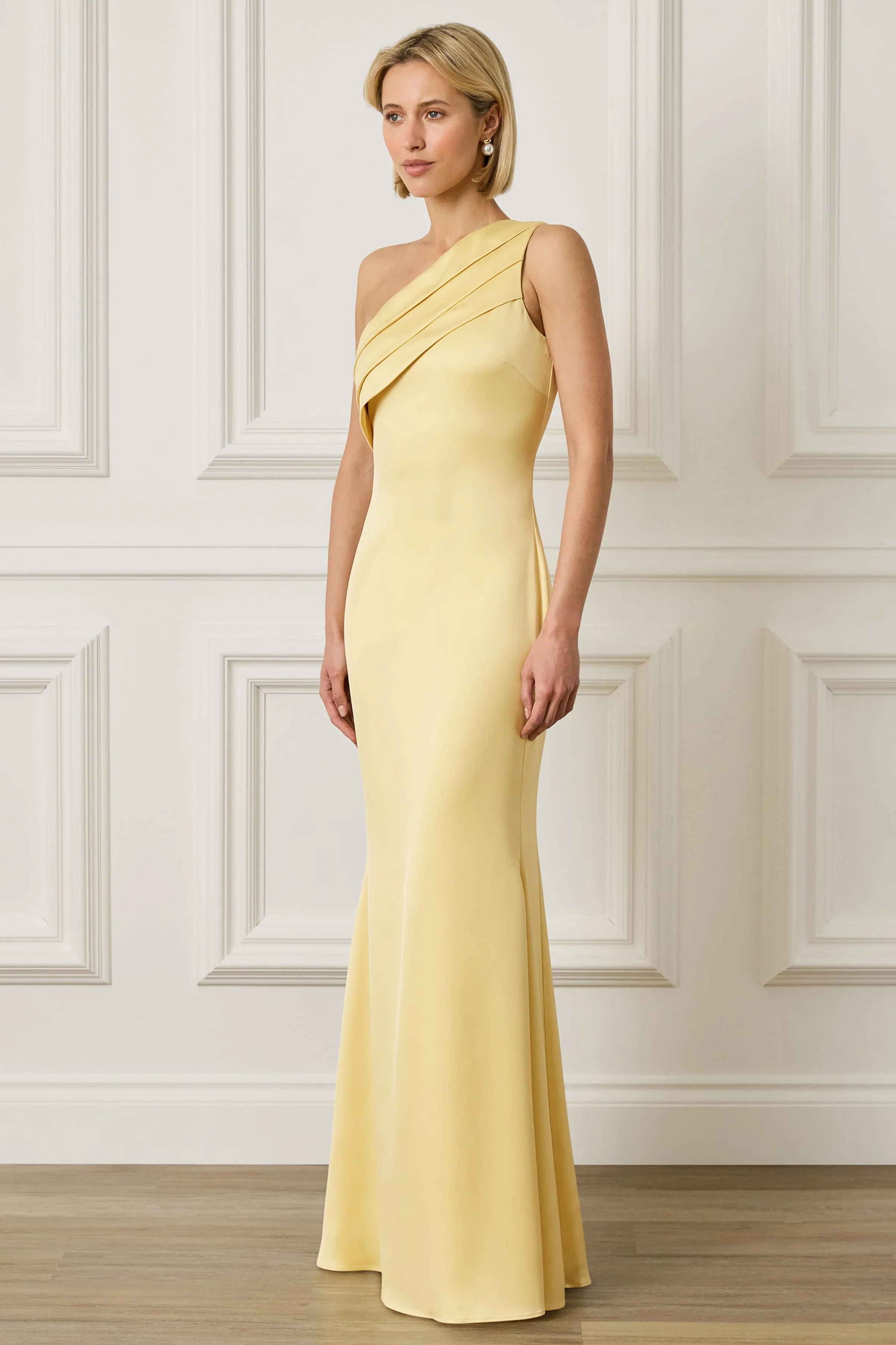 SADIE Asymmetric Pleated Satin Maxi Dress in Yellow - Image 4