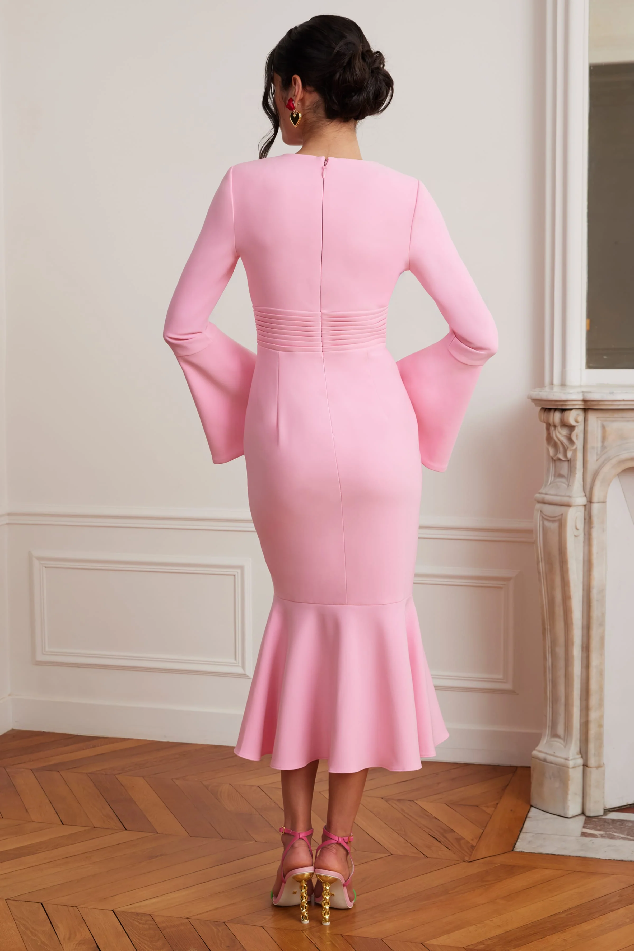 SALMA Fluted Sleeve Micro Rose Button Midi Dress in Pink - Image 3