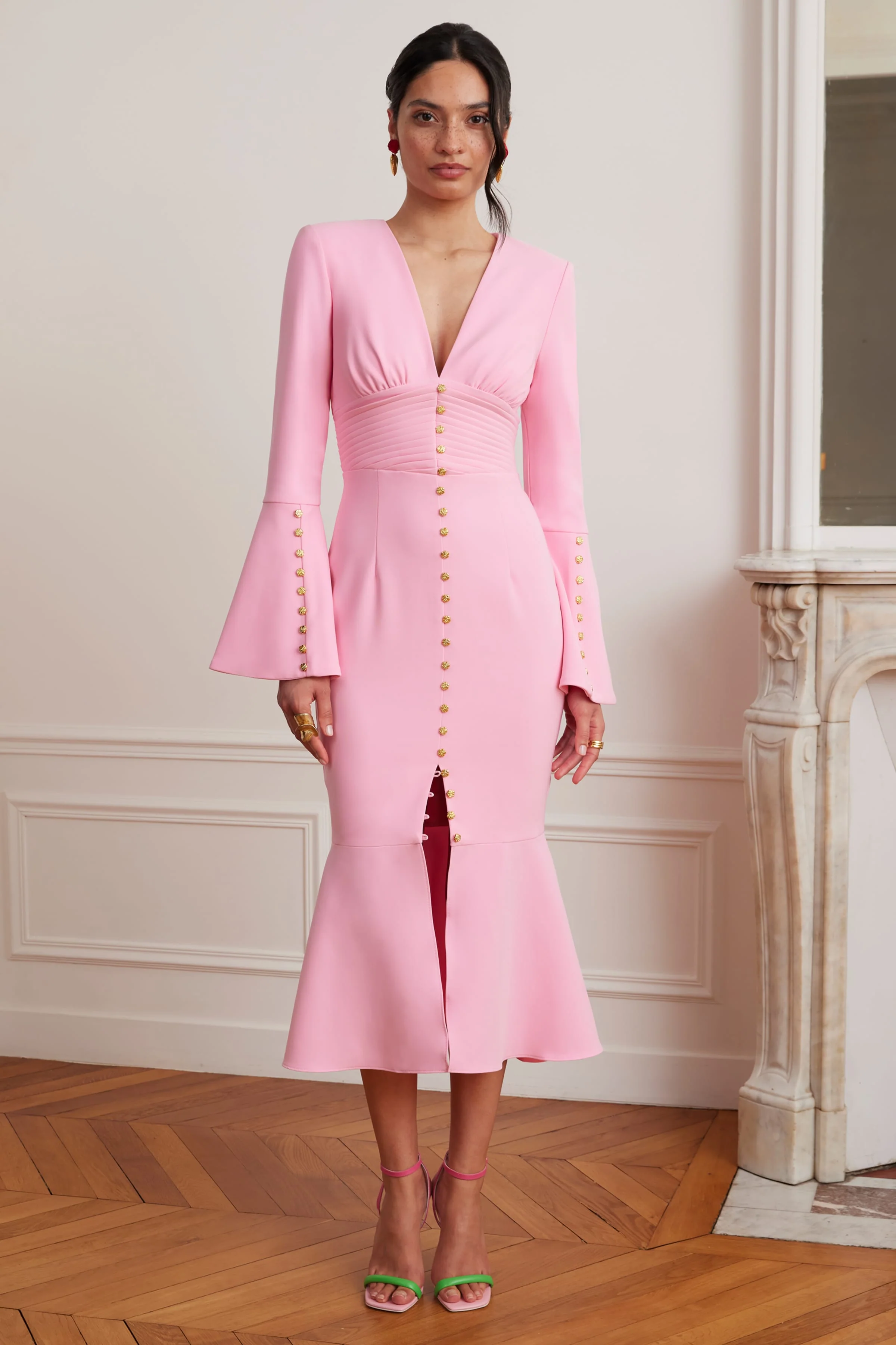 SALMA Fluted Sleeve Micro Rose Button Midi Dress in Pink - Image 4
