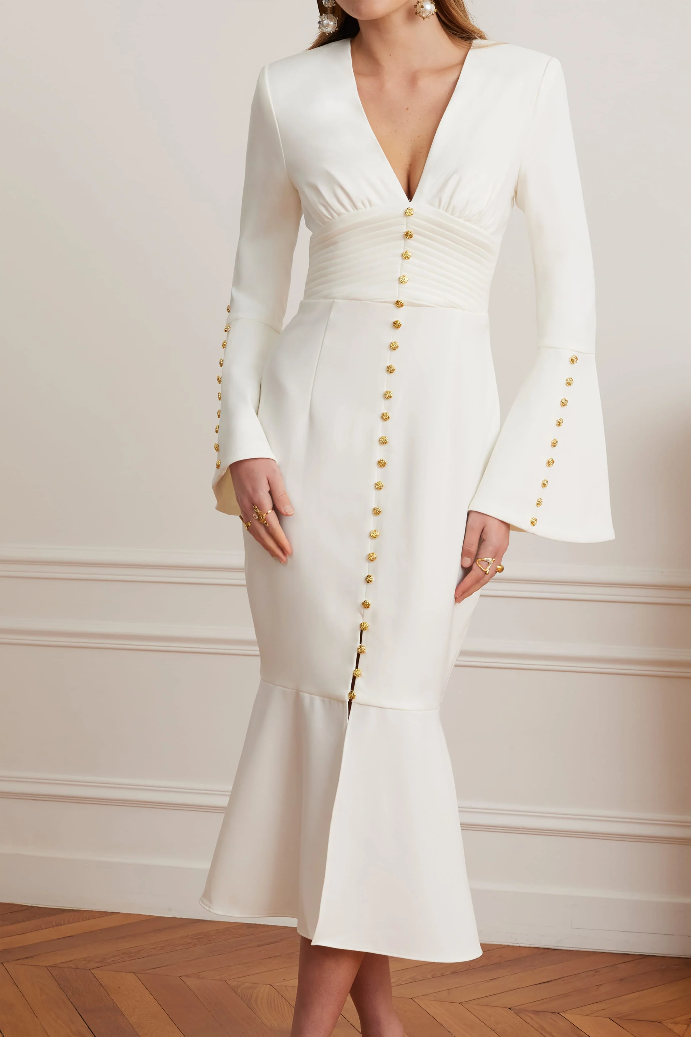 SALMA Fluted Sleeve Micro Gold Button Midi Dress in White - Image 4